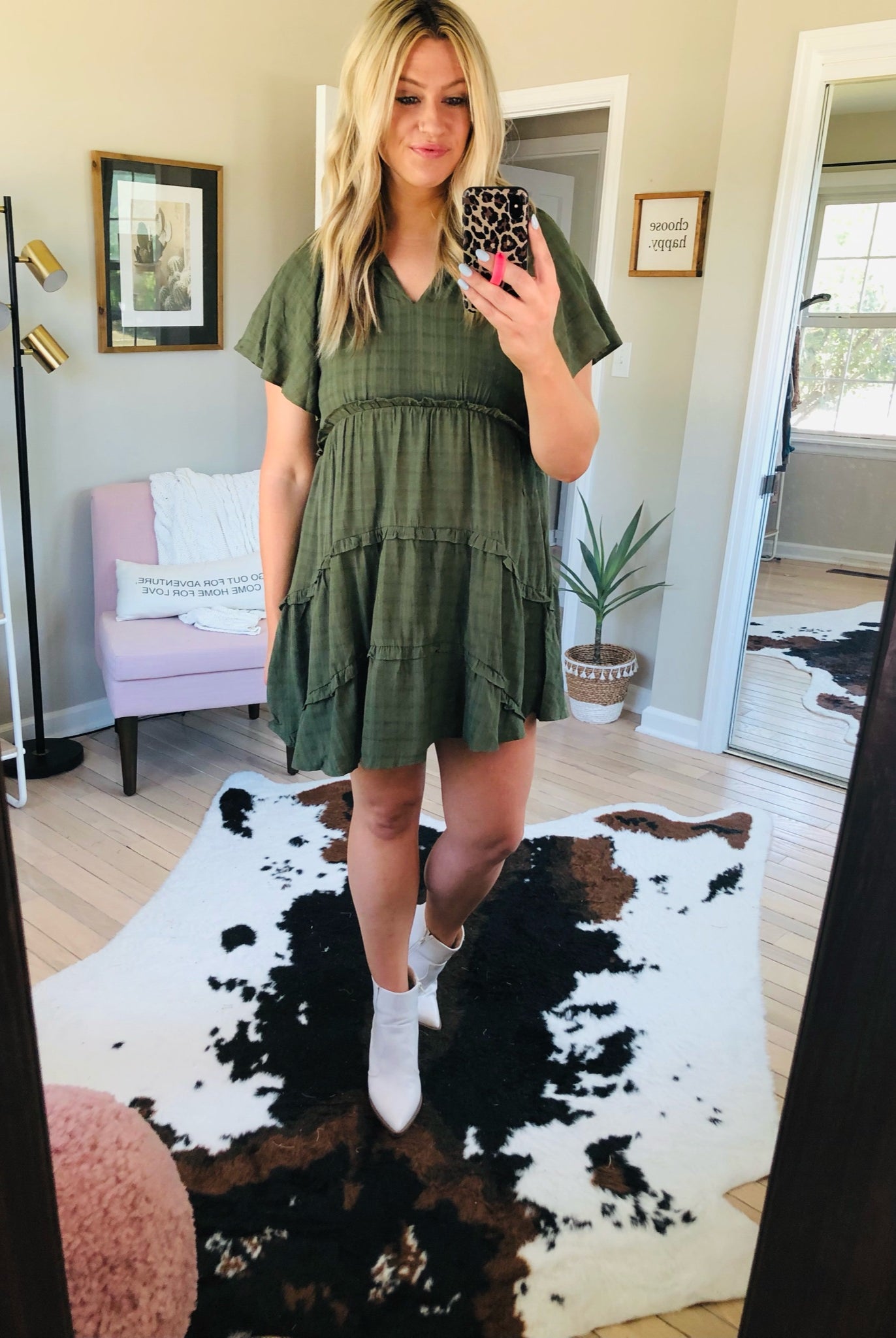 Waiting On Tonight Tiered V-Neck Dress With Ruffle Detail - Dark Sage-Entro-Anna Kaytes Boutique, Women's Fashion Boutique in Grinnell, Iowa