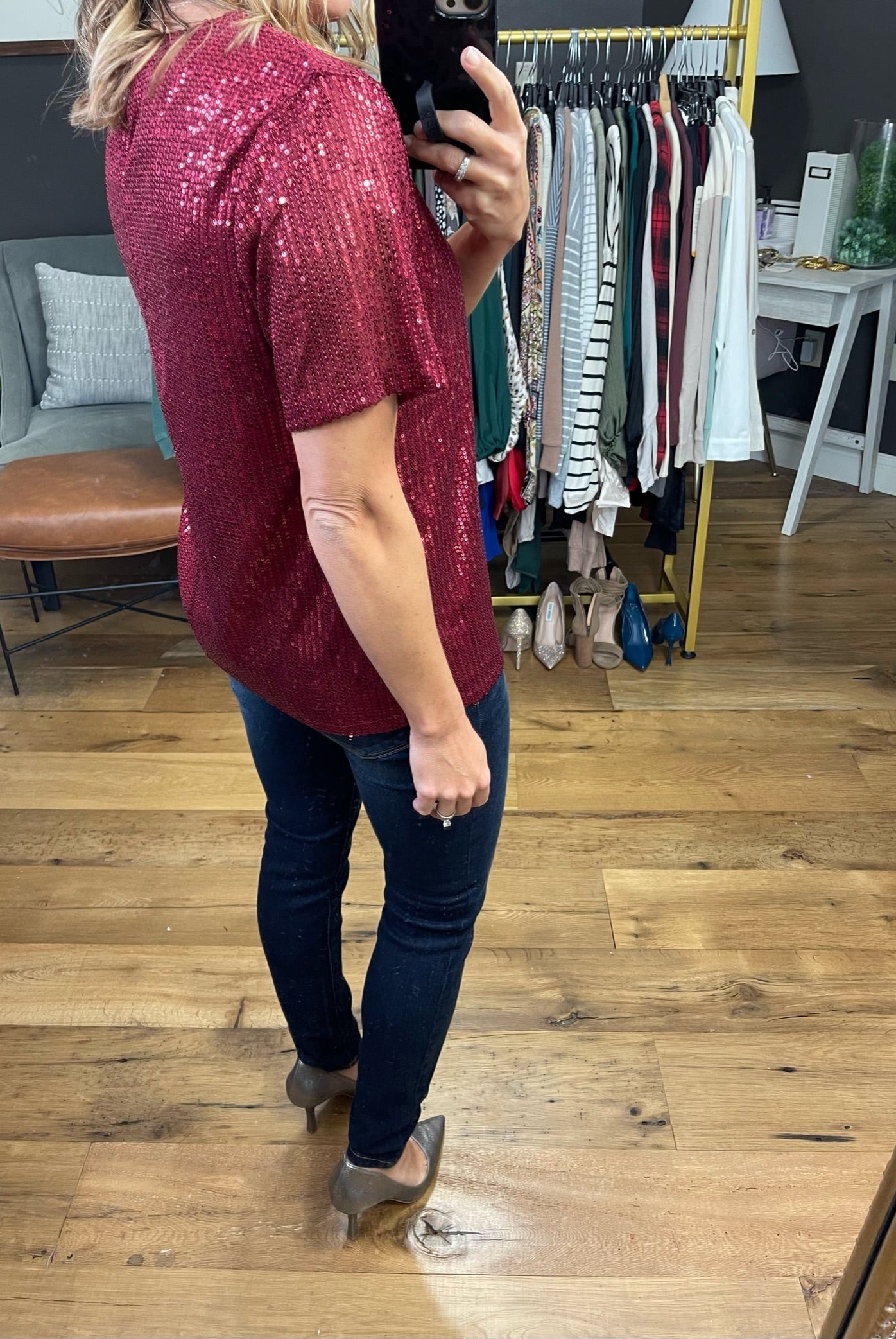 Take A Look Sequin Detail Top - Wine-Short Sleeves-Vine & Love VT60101-Anna Kaytes Boutique, Women's Fashion Boutique in Grinnell, Iowa