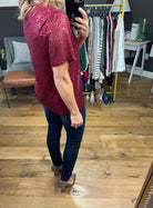Take A Look Sequin Detail Top - Wine-Short Sleeves-Vine & Love VT60101-Anna Kaytes Boutique, Women's Fashion Boutique in Grinnell, Iowa