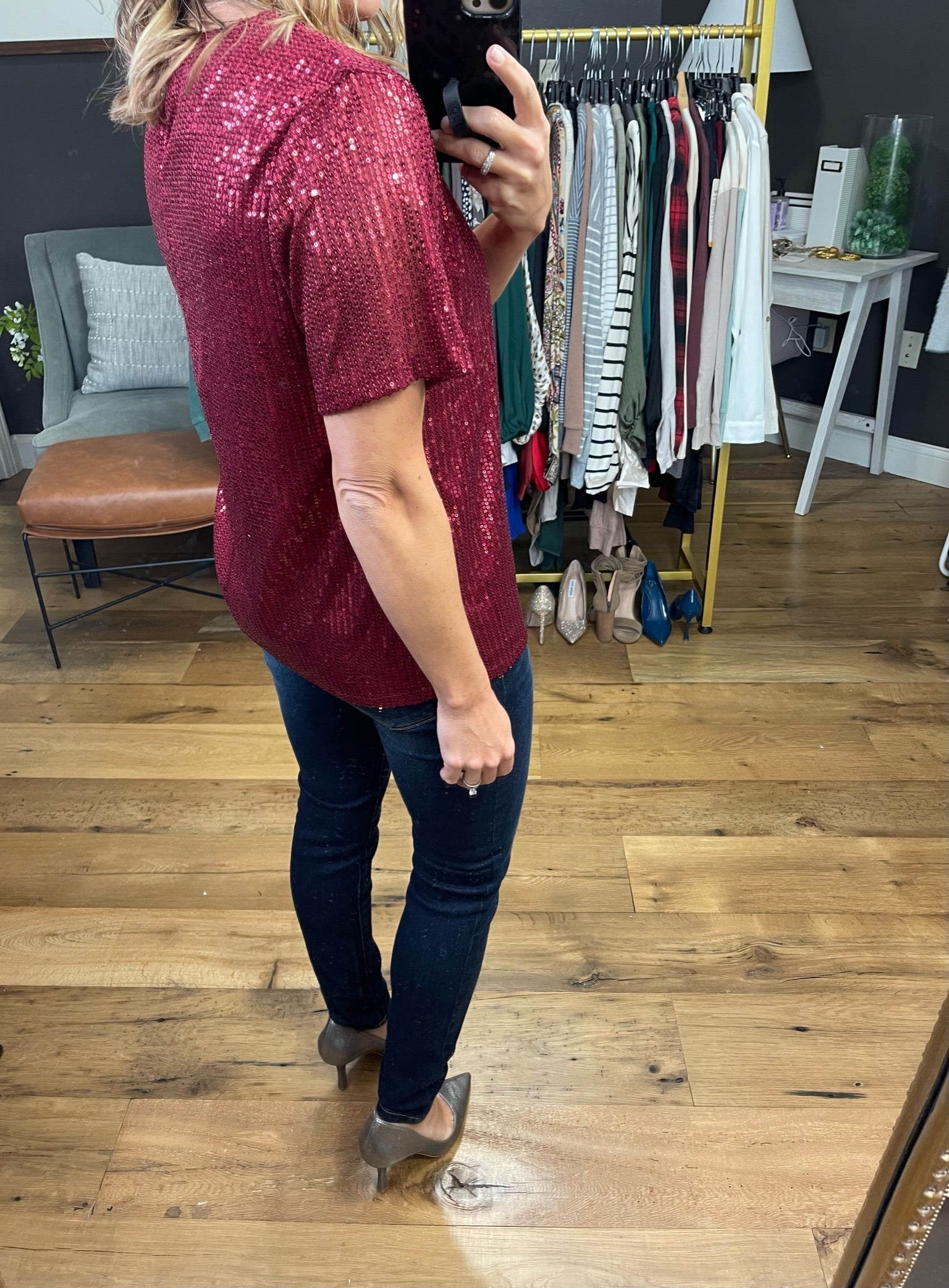 Take A Look Sequin Detail Top - Wine-Short Sleeves-Vine & Love VT60101-Anna Kaytes Boutique, Women's Fashion Boutique in Grinnell, Iowa