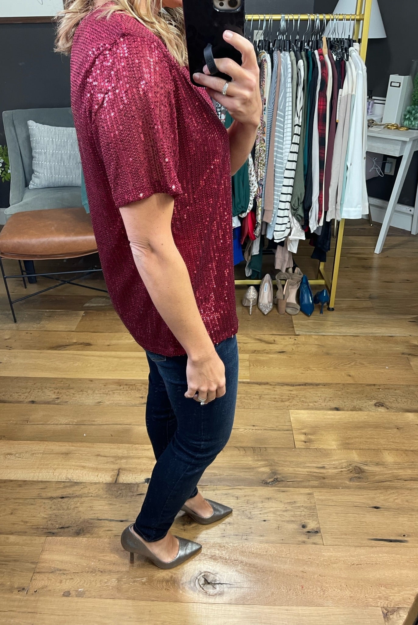 Take A Look Sequin Detail Top - Wine-Short Sleeves-Vine & Love VT60101-Anna Kaytes Boutique, Women's Fashion Boutique in Grinnell, Iowa