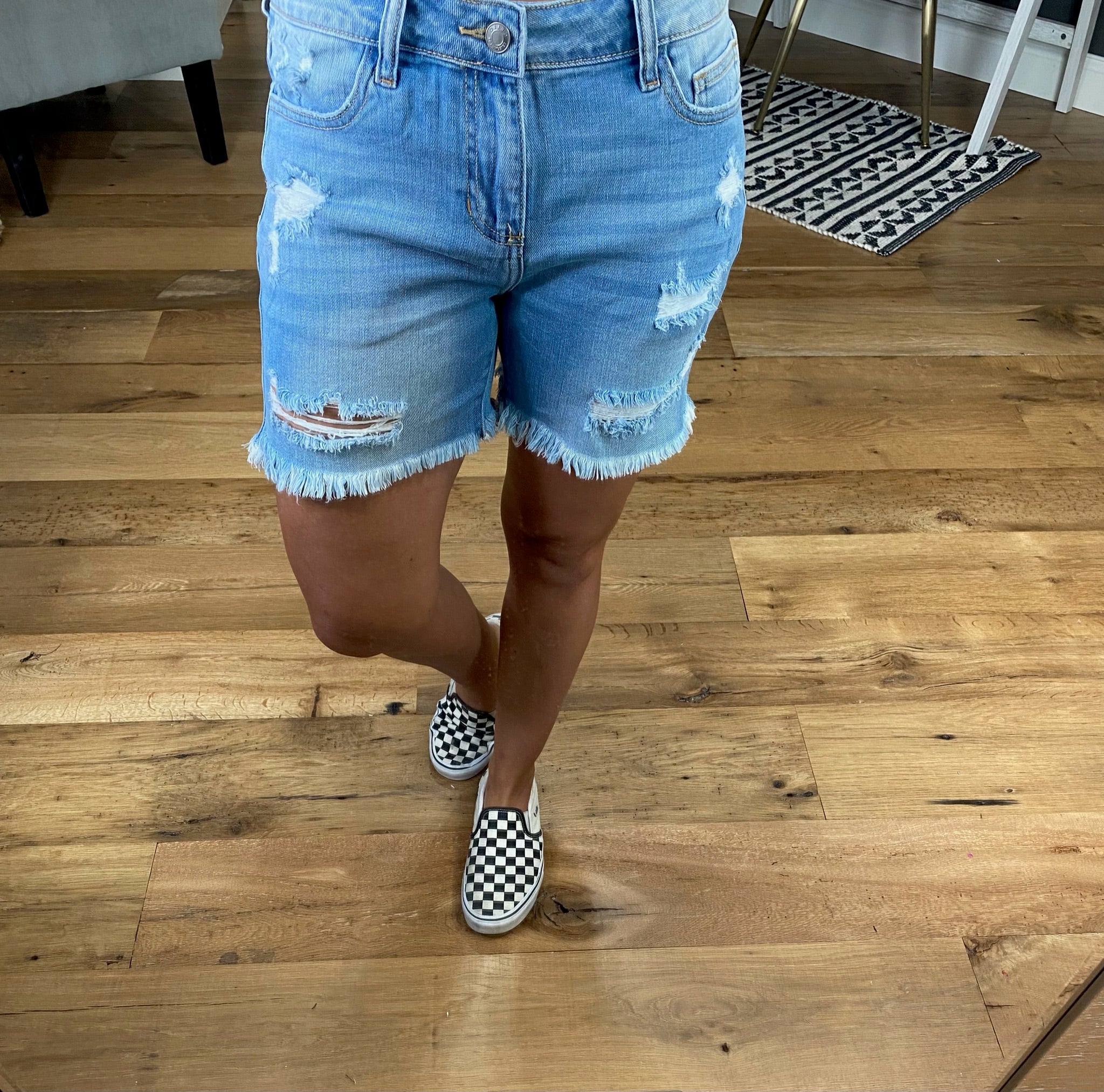The Lela High-Rise Short With Distressed Detail - Light Denim-Shorts-Cello WV45415-Anna Kaytes Boutique, Women's Fashion Boutique in Grinnell, Iowa