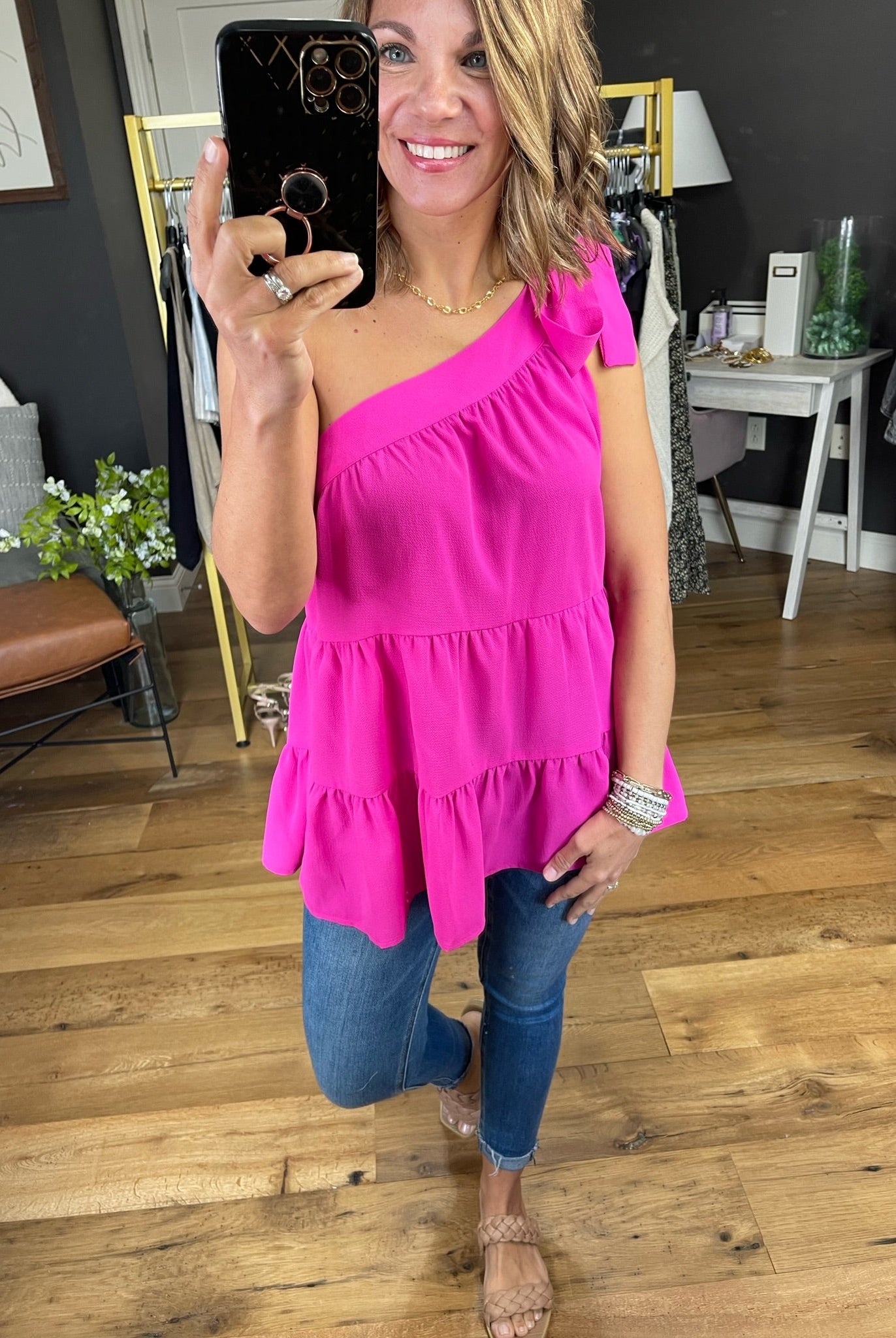 Take Too Long One Shoulder Tiered Top - Fuchsia-Sleeveless-Staccato 18612-Anna Kaytes Boutique, Women's Fashion Boutique in Grinnell, Iowa