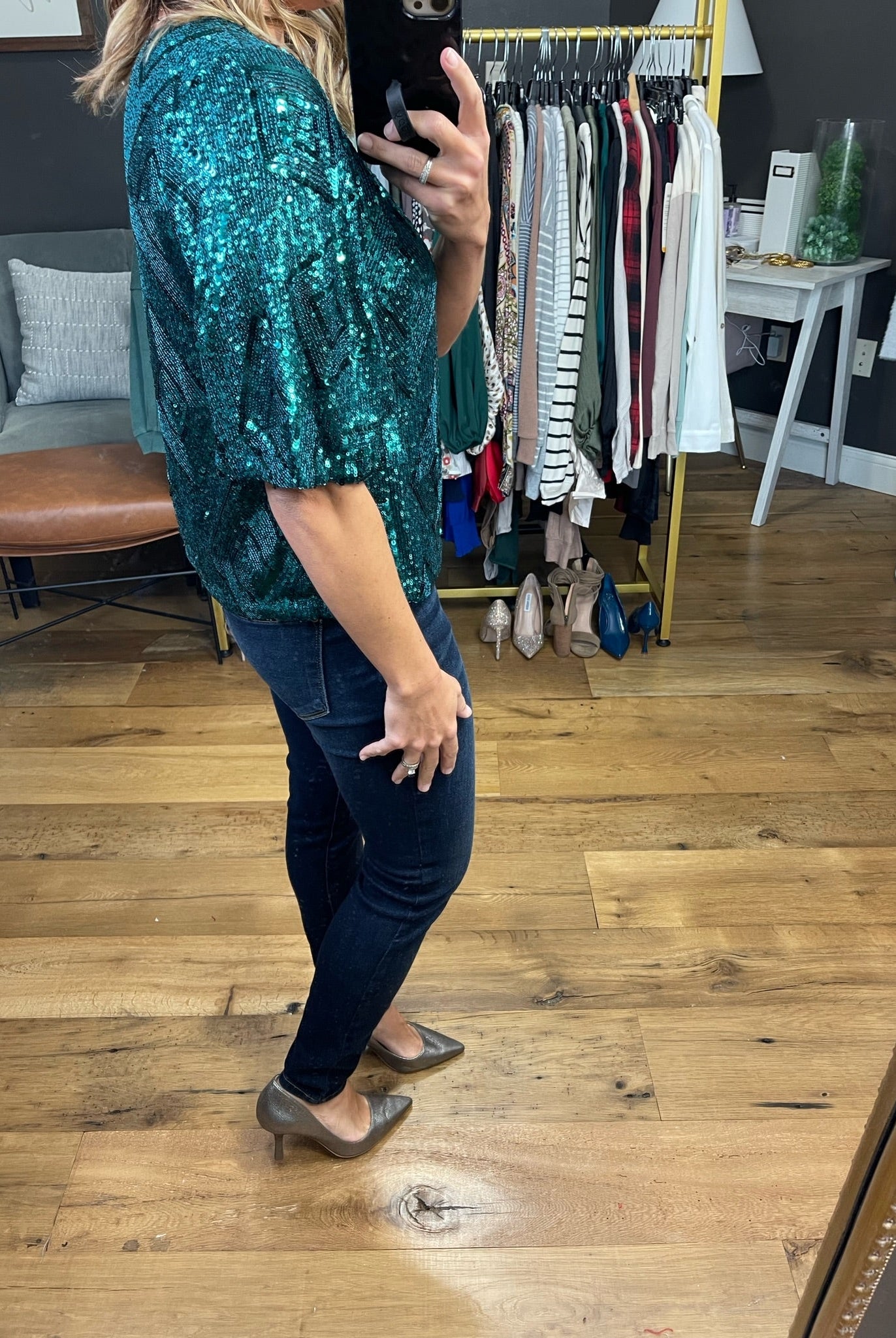 All Of The Lights Sequin-Detail Top - Hunter Green-Short Sleeves-Skies Are Blue-Anna Kaytes Boutique, Women's Fashion Boutique in Grinnell, Iowa