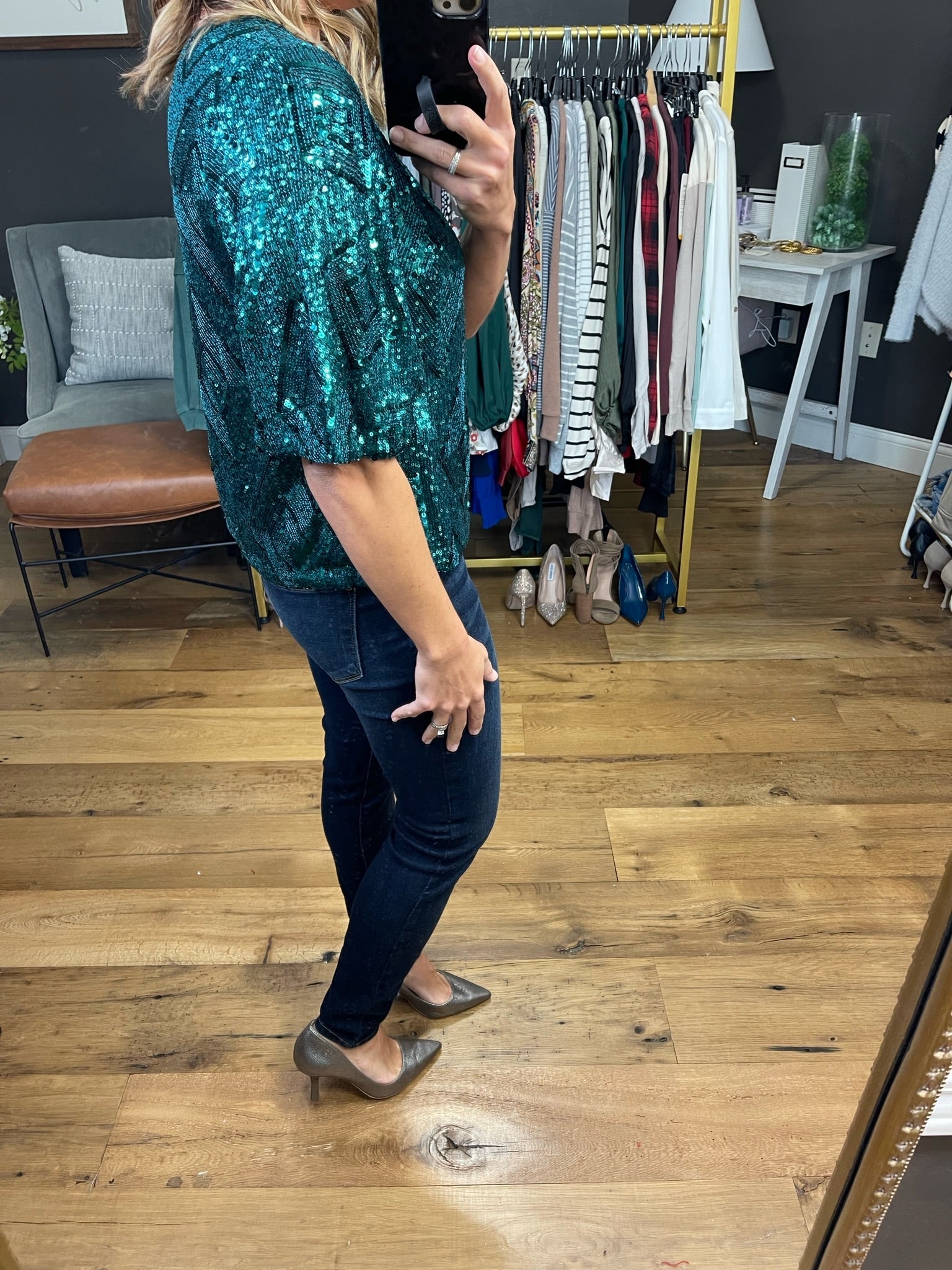 All Of The Lights Sequin-Detail Top - Hunter Green-Short Sleeves-Skies Are Blue-Anna Kaytes Boutique, Women's Fashion Boutique in Grinnell, Iowa