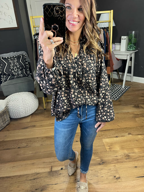 Any Other Day Floral Blouse With Flutter Sleeve Detail - Black-Jodifl H5508-1-Anna Kaytes Boutique, Women's Fashion Boutique in Grinnell, Iowa