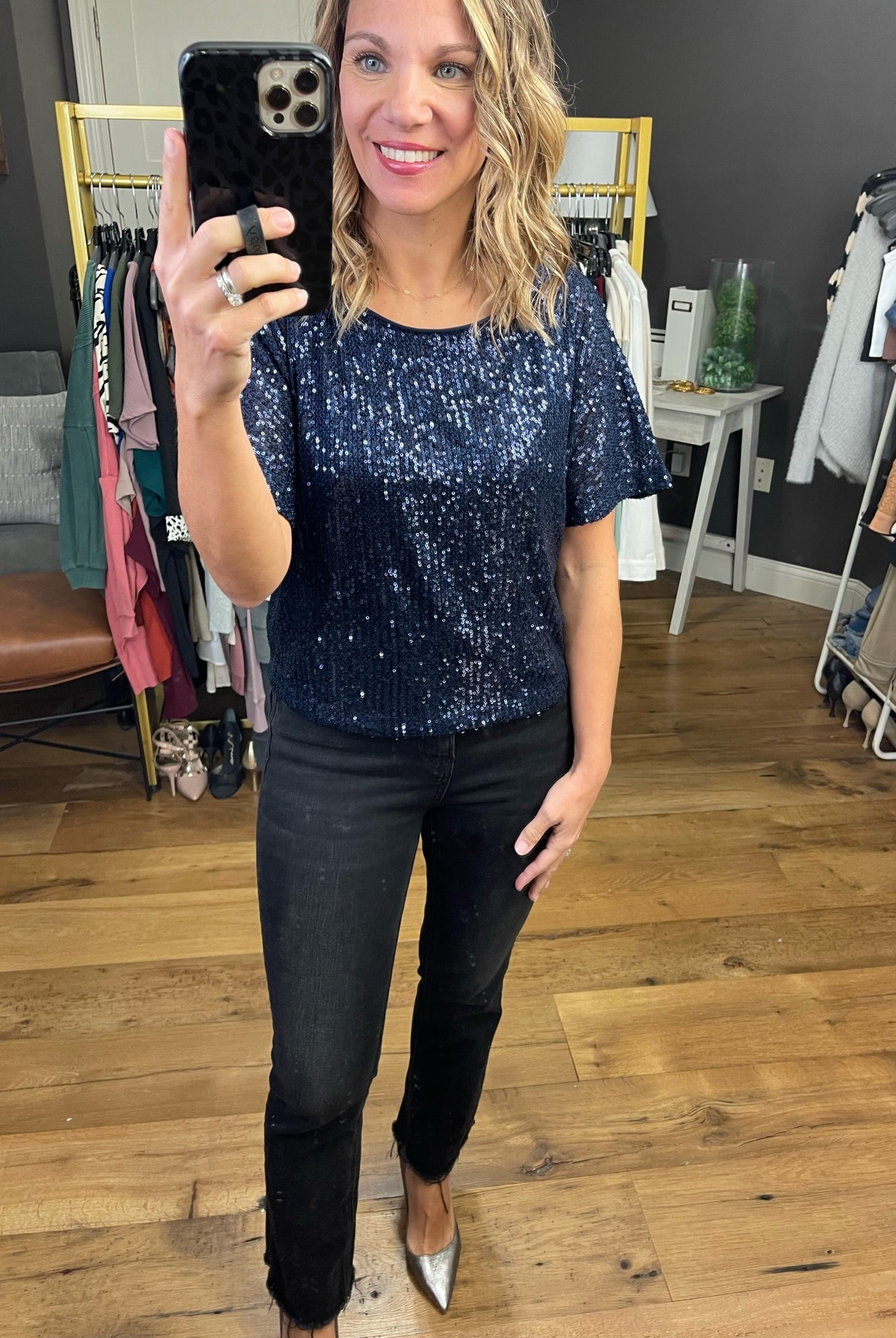 This Part Sequin-Detail Top - Navy-Short Sleeves-Skies Are Blue 44630-Anna Kaytes Boutique, Women's Fashion Boutique in Grinnell, Iowa