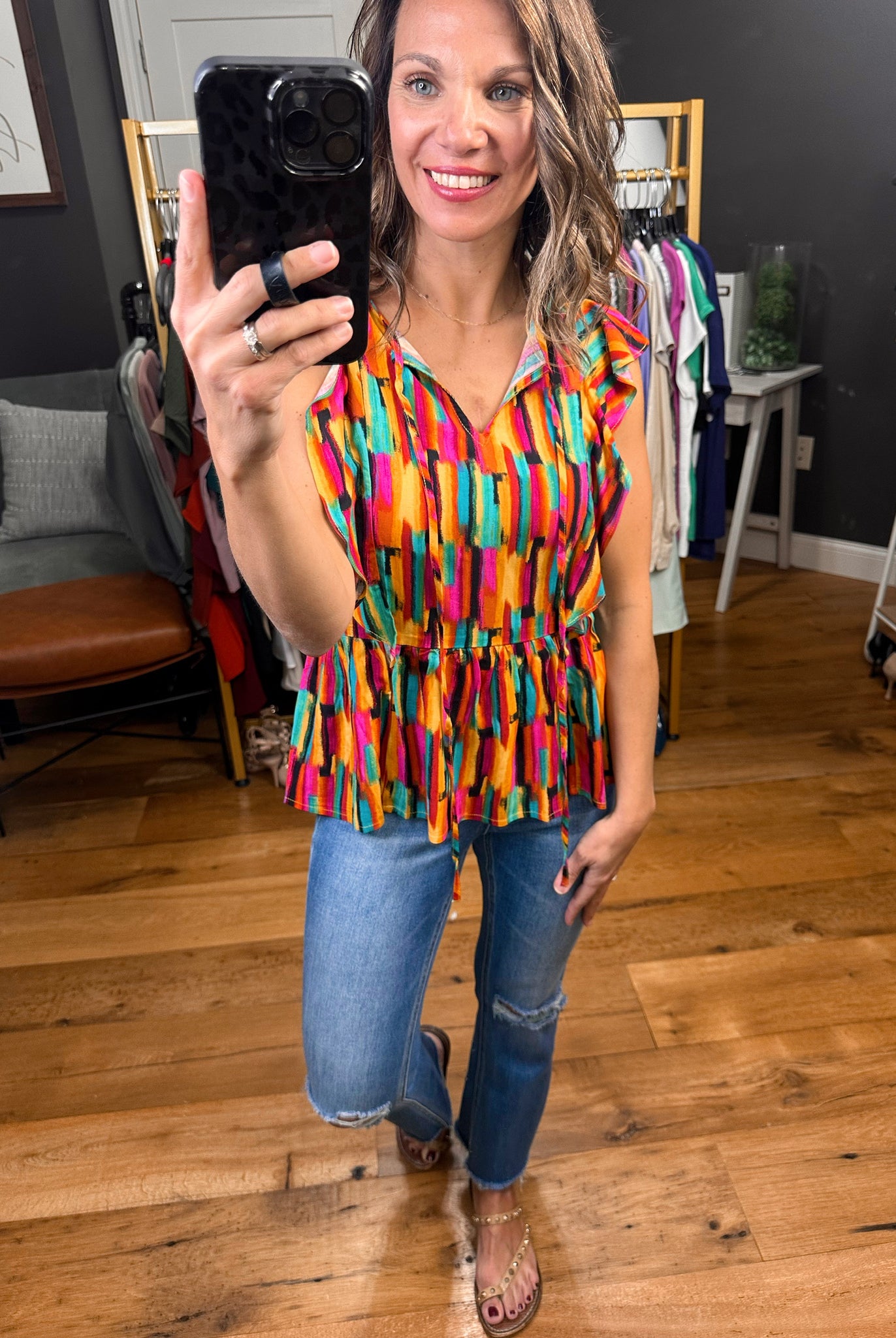 Bright & Bold Flutter Detail Peplum Top - Multi-Short Sleeves-Andree By Unit T10455-3-Anna Kaytes Boutique, Women's Fashion Boutique in Grinnell, Iowa