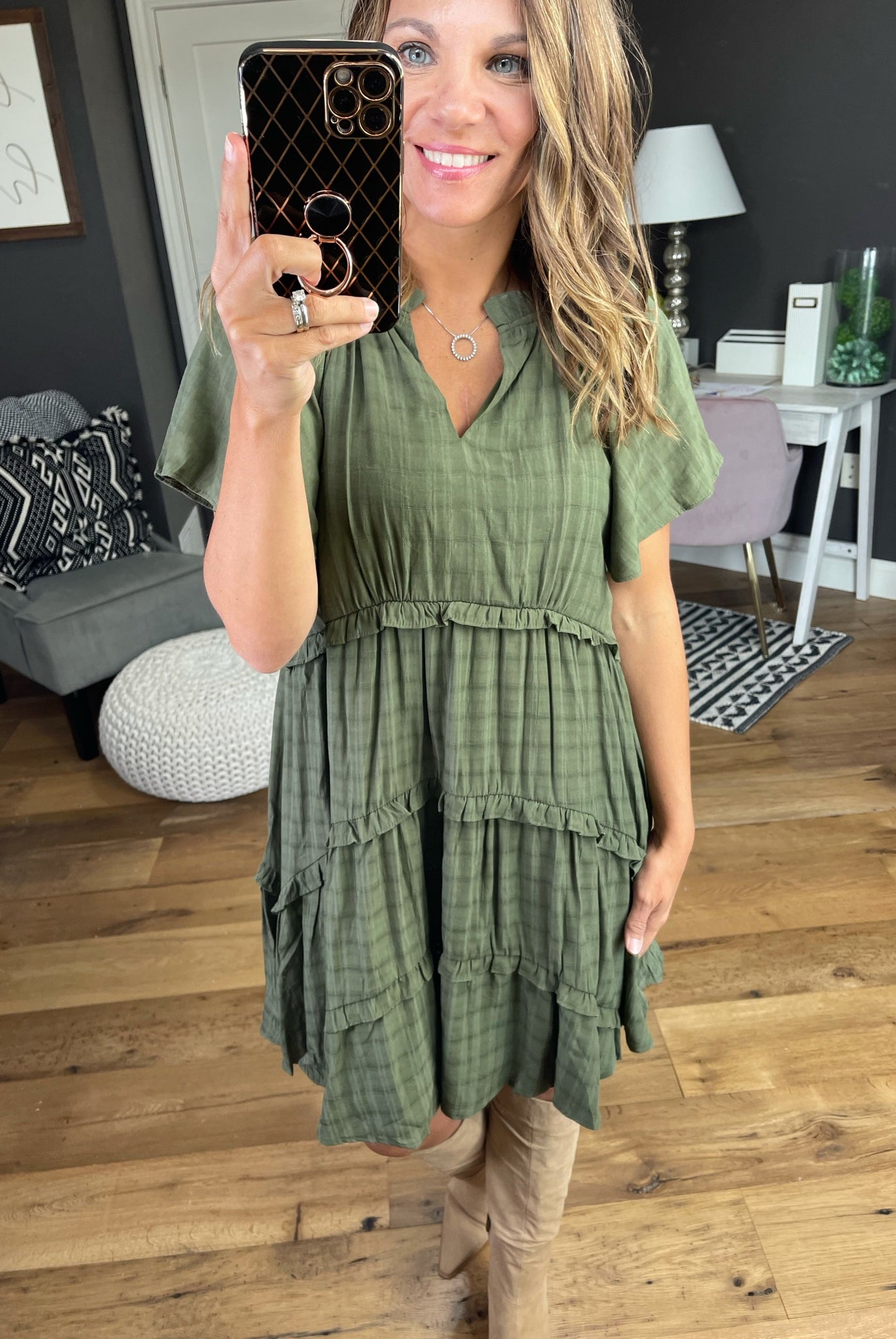 Waiting On Tonight Tiered V-Neck Dress With Ruffle Detail - Dark Sage-Entro-Anna Kaytes Boutique, Women's Fashion Boutique in Grinnell, Iowa