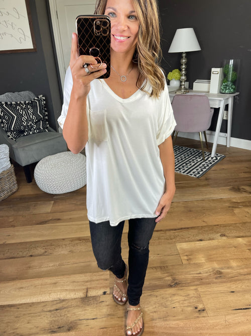 Once Upon A Time V Neck with Cuffed Sleeves- Multiple Options-Short Sleeves-cherish T22438-Anna Kaytes Boutique, Women's Fashion Boutique in Grinnell, Iowa