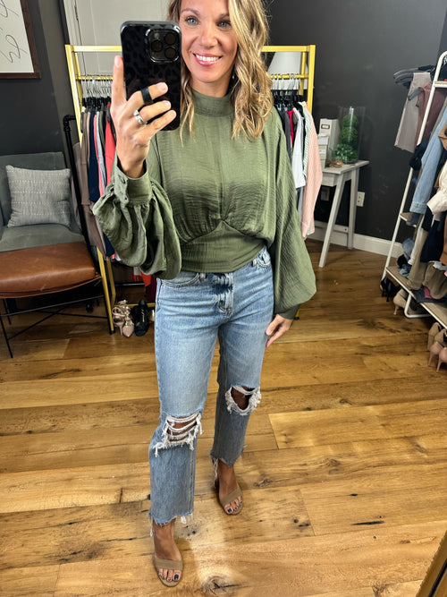 Admit It Open-Back Cropped Top With Statement Sleeve Detail - Olive