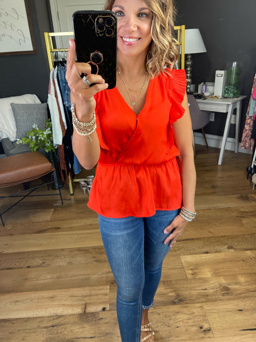 Clear Distinctions V-Neck Peplum Top With Flutter Detail - Tangerine-Mittoshop H14623-Anna Kaytes Boutique, Women's Fashion Boutique in Grinnell, Iowa