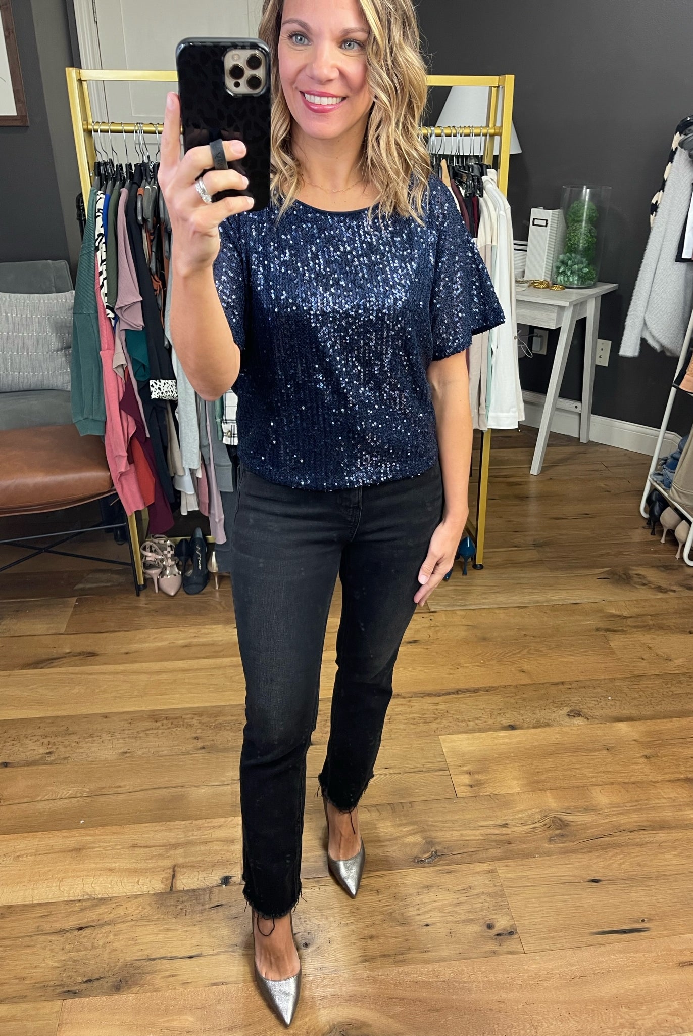 This Part Sequin-Detail Top - Navy-Short Sleeves-Skies Are Blue 44630-Anna Kaytes Boutique, Women's Fashion Boutique in Grinnell, Iowa