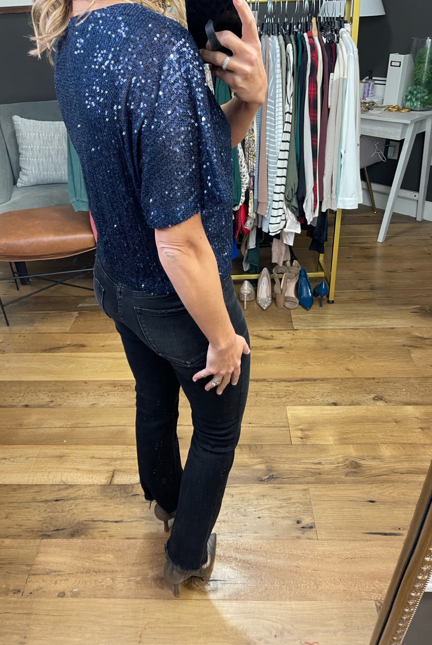 This Part Sequin-Detail Top - Navy-Short Sleeves-Skies Are Blue 44630-Anna Kaytes Boutique, Women's Fashion Boutique in Grinnell, Iowa