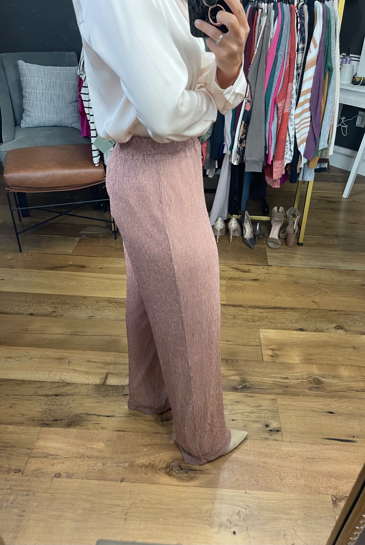 The Beth Wide Leg Shimmer Pant - Rose-Pants-Skies Are Blue-Anna Kaytes Boutique, Women's Fashion Boutique in Grinnell, Iowa