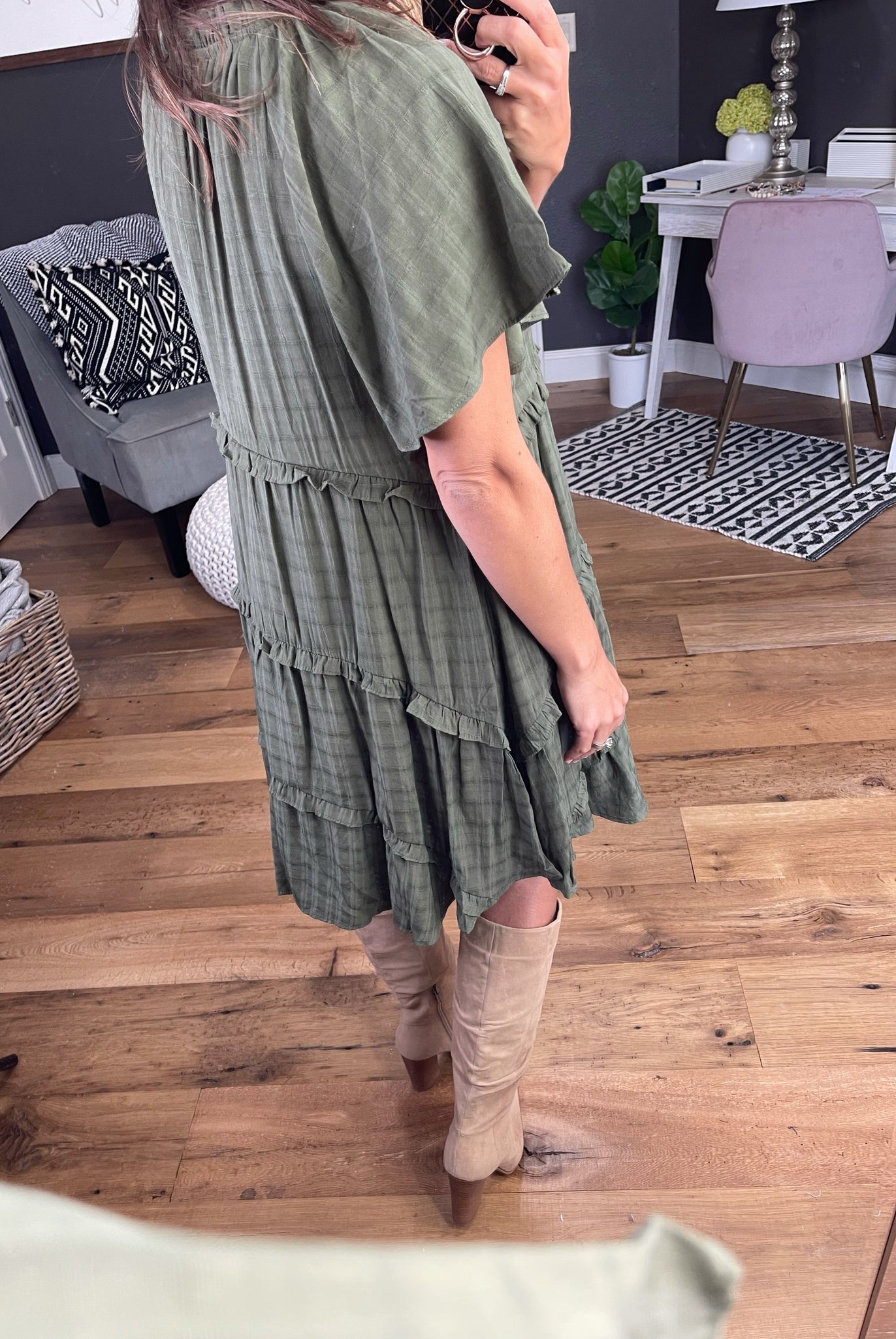 Waiting On Tonight Tiered V-Neck Dress With Ruffle Detail - Dark Sage-Entro-Anna Kaytes Boutique, Women's Fashion Boutique in Grinnell, Iowa