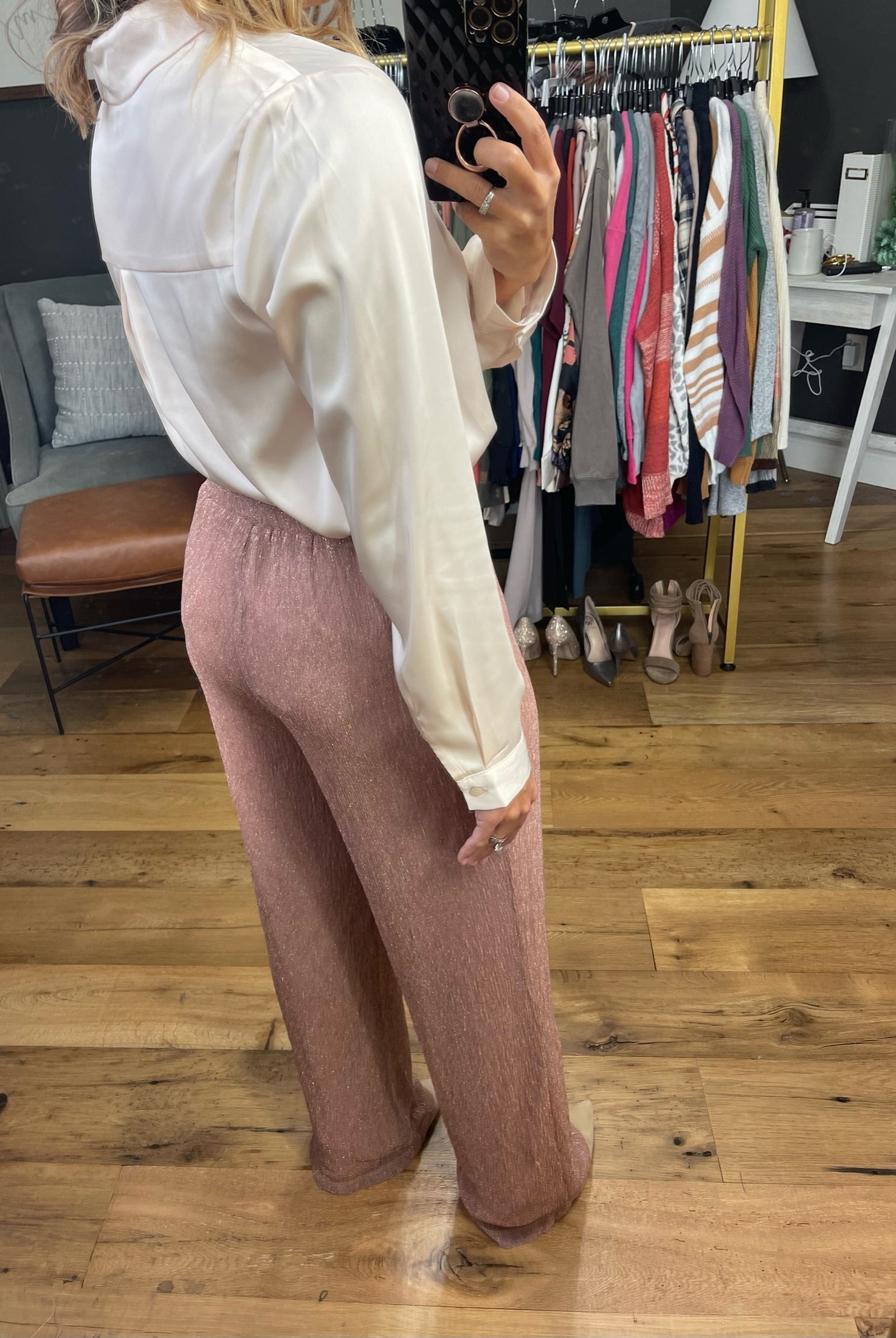 The Beth Wide Leg Shimmer Pant - Rose-Pants-Skies Are Blue-Anna Kaytes Boutique, Women's Fashion Boutique in Grinnell, Iowa