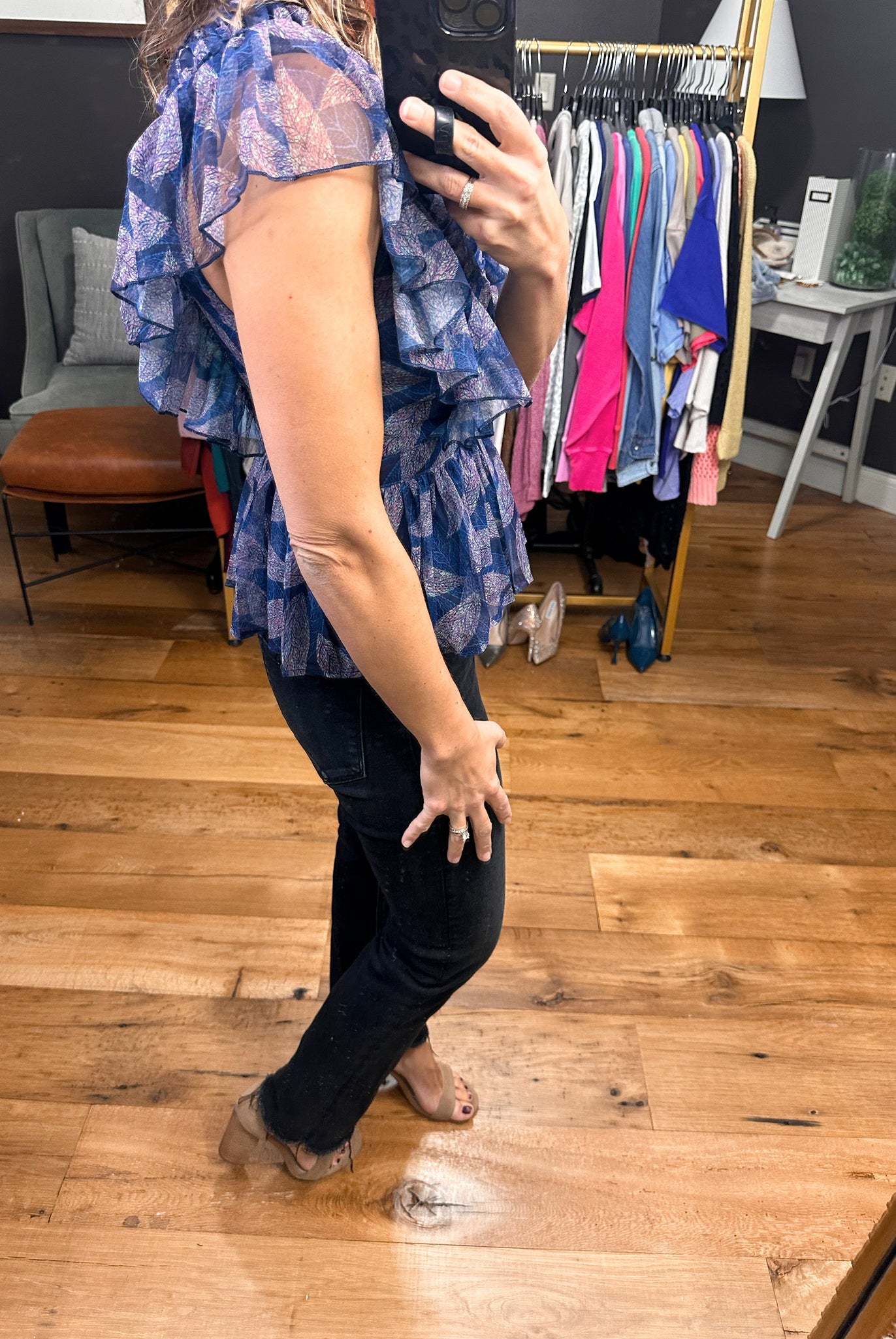Never Question Peplum Top With Flutter Detail - Navy-Short Sleeves-Entro 17965-Anna Kaytes Boutique, Women's Fashion Boutique in Grinnell, Iowa