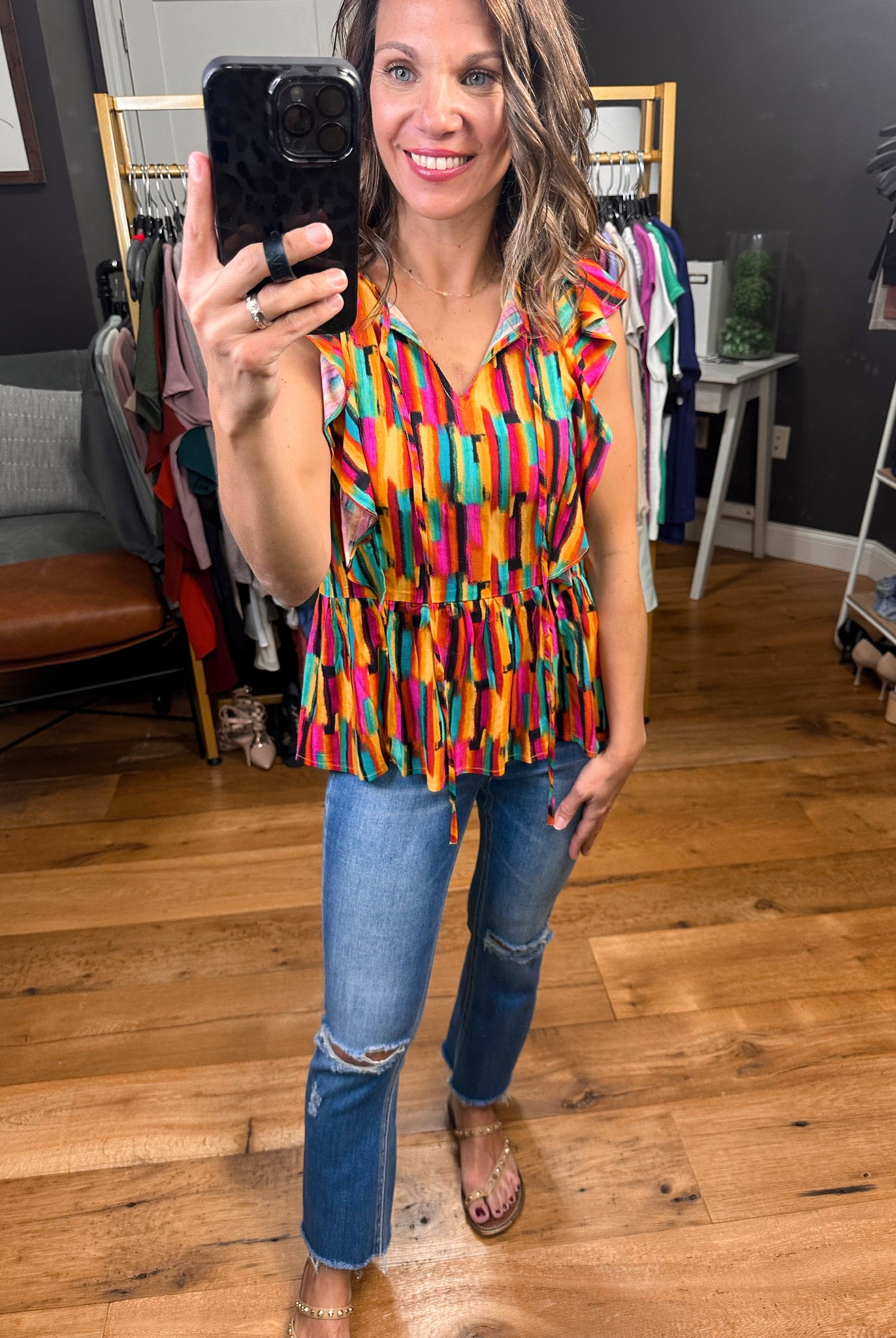 Bright & Bold Flutter Detail Peplum Top - Multi-Short Sleeves-Andree By Unit T10455-3-Anna Kaytes Boutique, Women's Fashion Boutique in Grinnell, Iowa