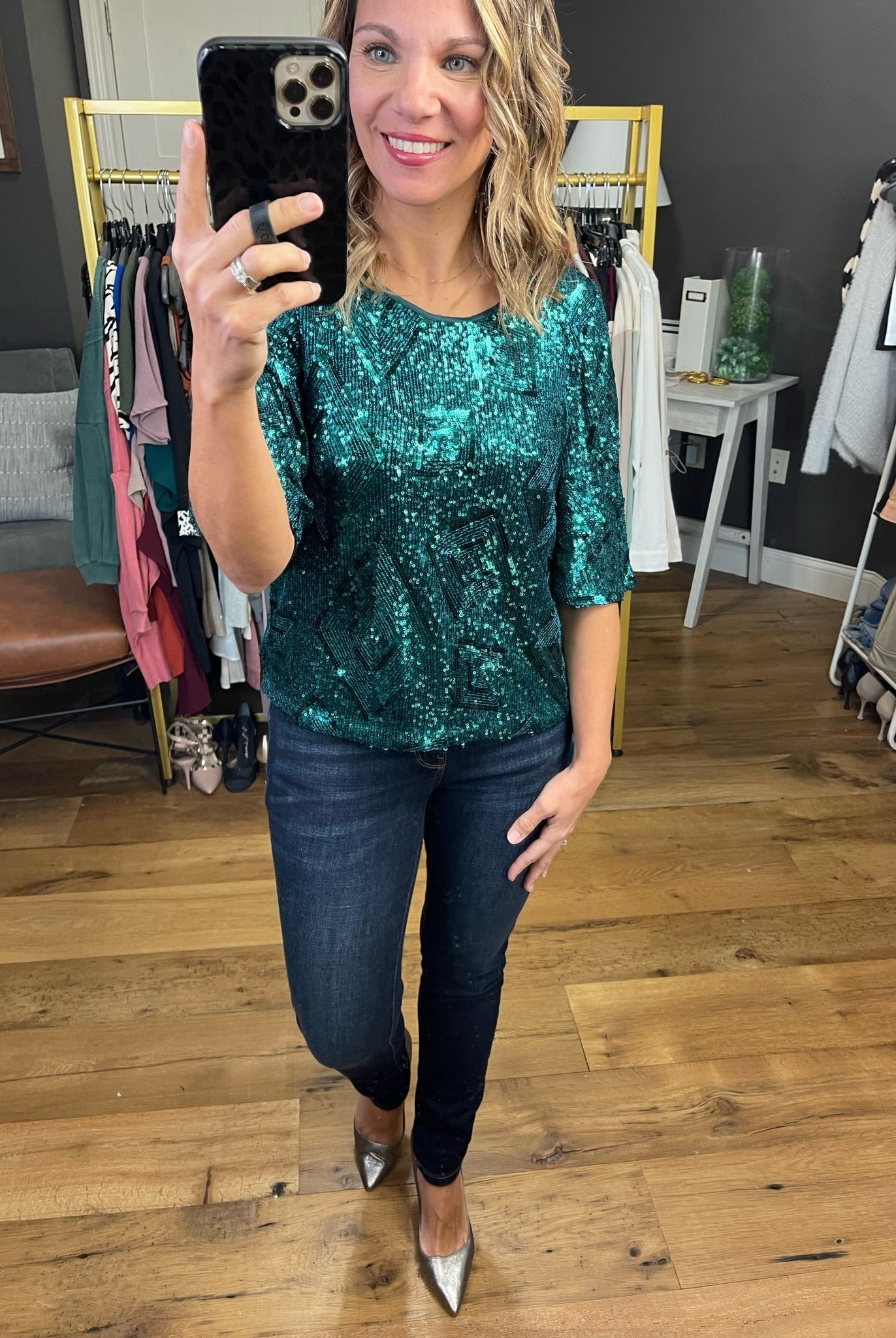 All Of The Lights Sequin-Detail Top - Hunter Green-Short Sleeves-Skies Are Blue-Anna Kaytes Boutique, Women's Fashion Boutique in Grinnell, Iowa