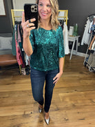 All Of The Lights Sequin-Detail Top - Hunter Green-Short Sleeves-Skies Are Blue-Anna Kaytes Boutique, Women's Fashion Boutique in Grinnell, Iowa