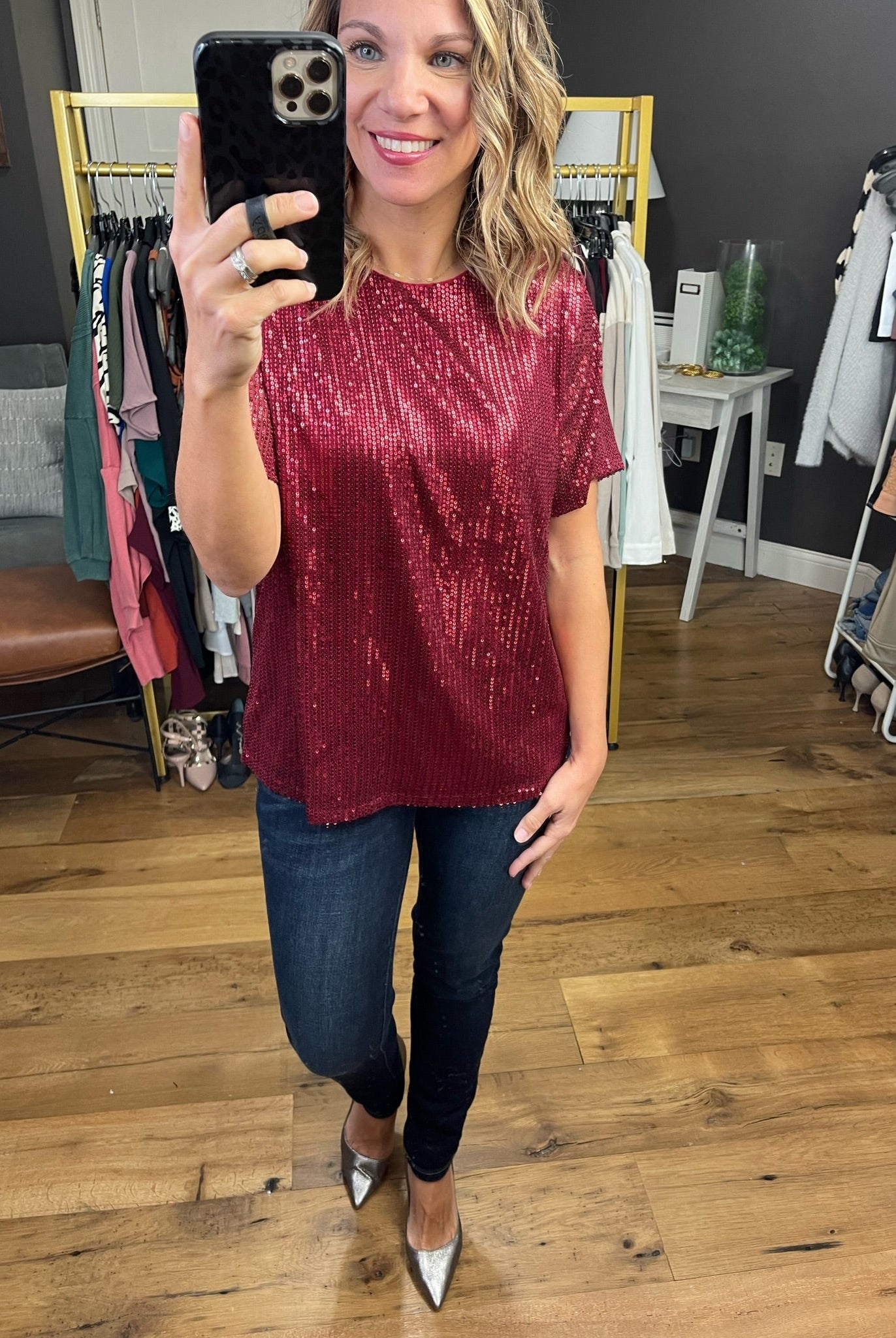 Take A Look Sequin Detail Top - Wine-Short Sleeves-Vine & Love VT60101-Anna Kaytes Boutique, Women's Fashion Boutique in Grinnell, Iowa