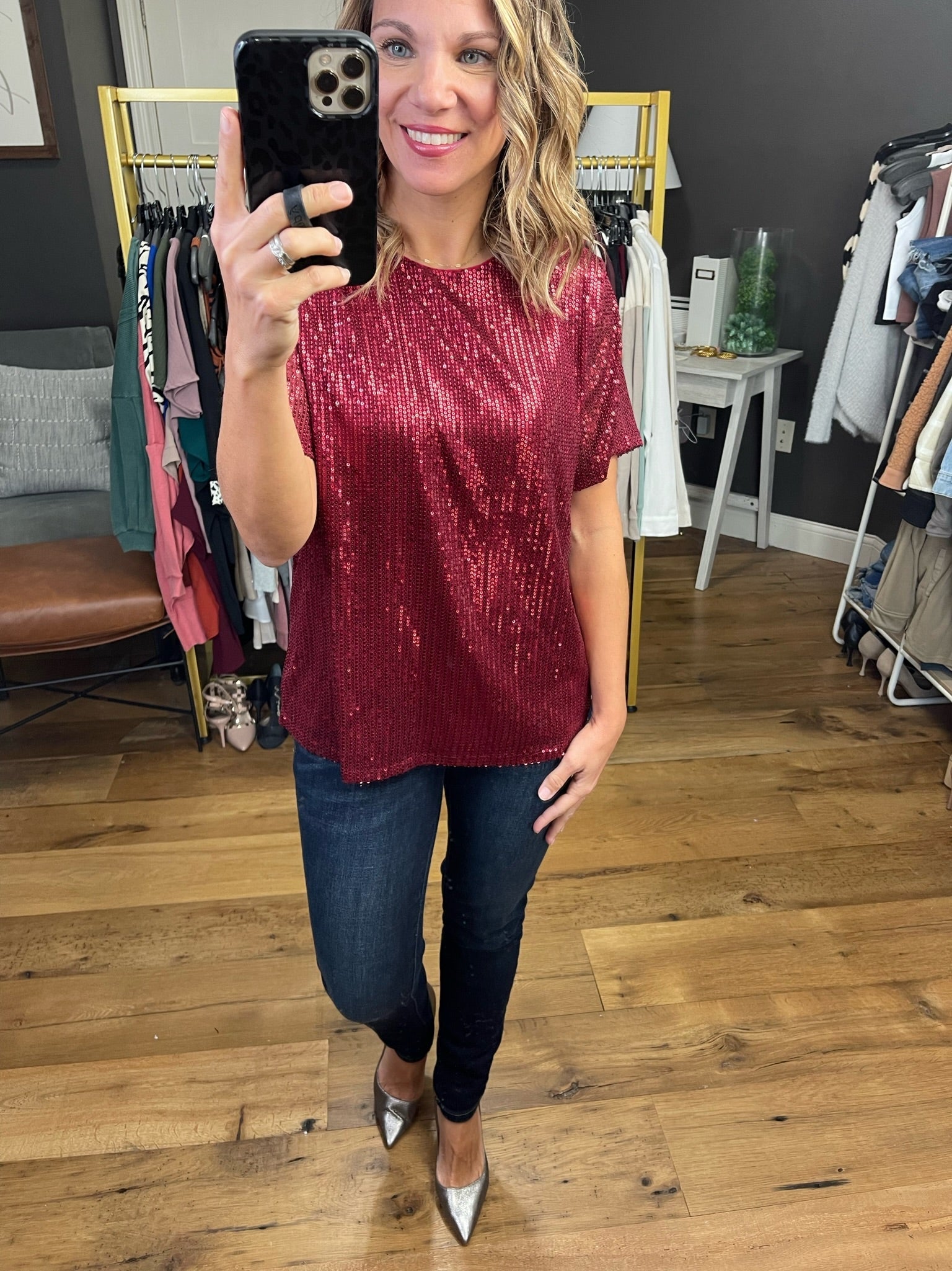 Take A Look Sequin Detail Top - Wine-Short Sleeves-Vine & Love VT60101-Anna Kaytes Boutique, Women's Fashion Boutique in Grinnell, Iowa
