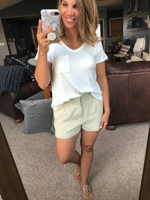 Back To Business Khaki Pleated High Rise Shorts-Shorts-Wishlist-Anna Kaytes Boutique, Women's Fashion Boutique in Grinnell, Iowa