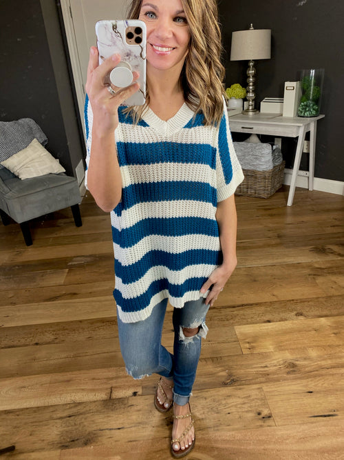 Some Girls Ribbed Short Sleeve V-Neck Stripe Sweater- Multiple Options-Accessories,Ladies, Tees-la miel JAS3559-Anna Kaytes Boutique, Women's Fashion Boutique in Grinnell, Iowa