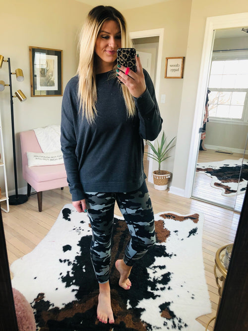 Get On The Road Grey Camo High Waisted Leggings with Mesh Ankle Detail-Leggings-Mono B-Anna Kaytes Boutique, Women's Fashion Boutique in Grinnell, Iowa