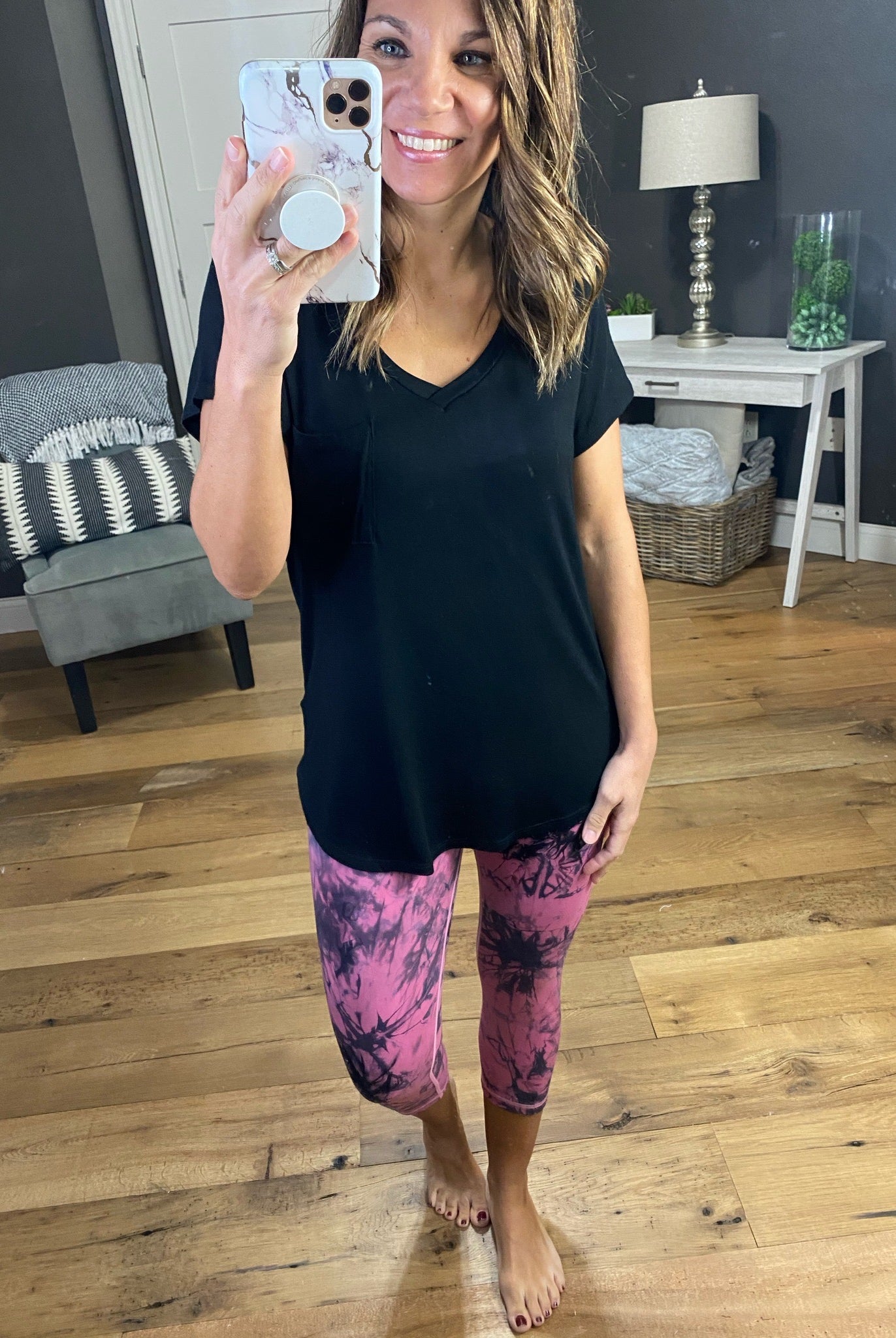 Hitting My Stride Pink & Black Marble Capri Legging-Leggings-Yelete ACT817105-Anna Kaytes Boutique, Women's Fashion Boutique in Grinnell, Iowa