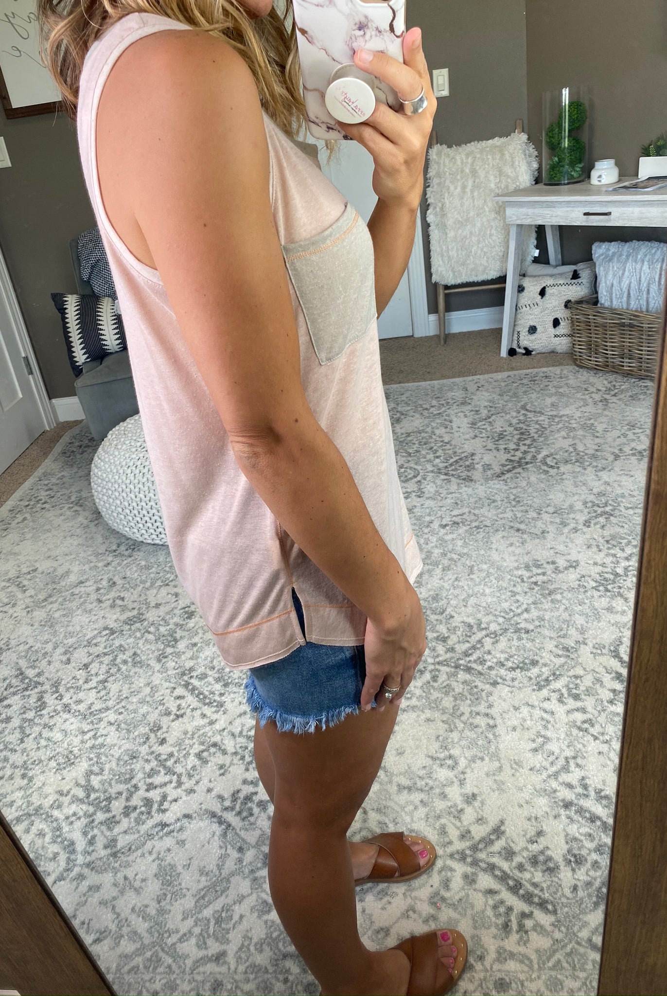 All For Love Almond and Taupe Split Tank with Front Pocket-Sleeveless-Hem & Thread 18038-Anna Kaytes Boutique, Women's Fashion Boutique in Grinnell, Iowa