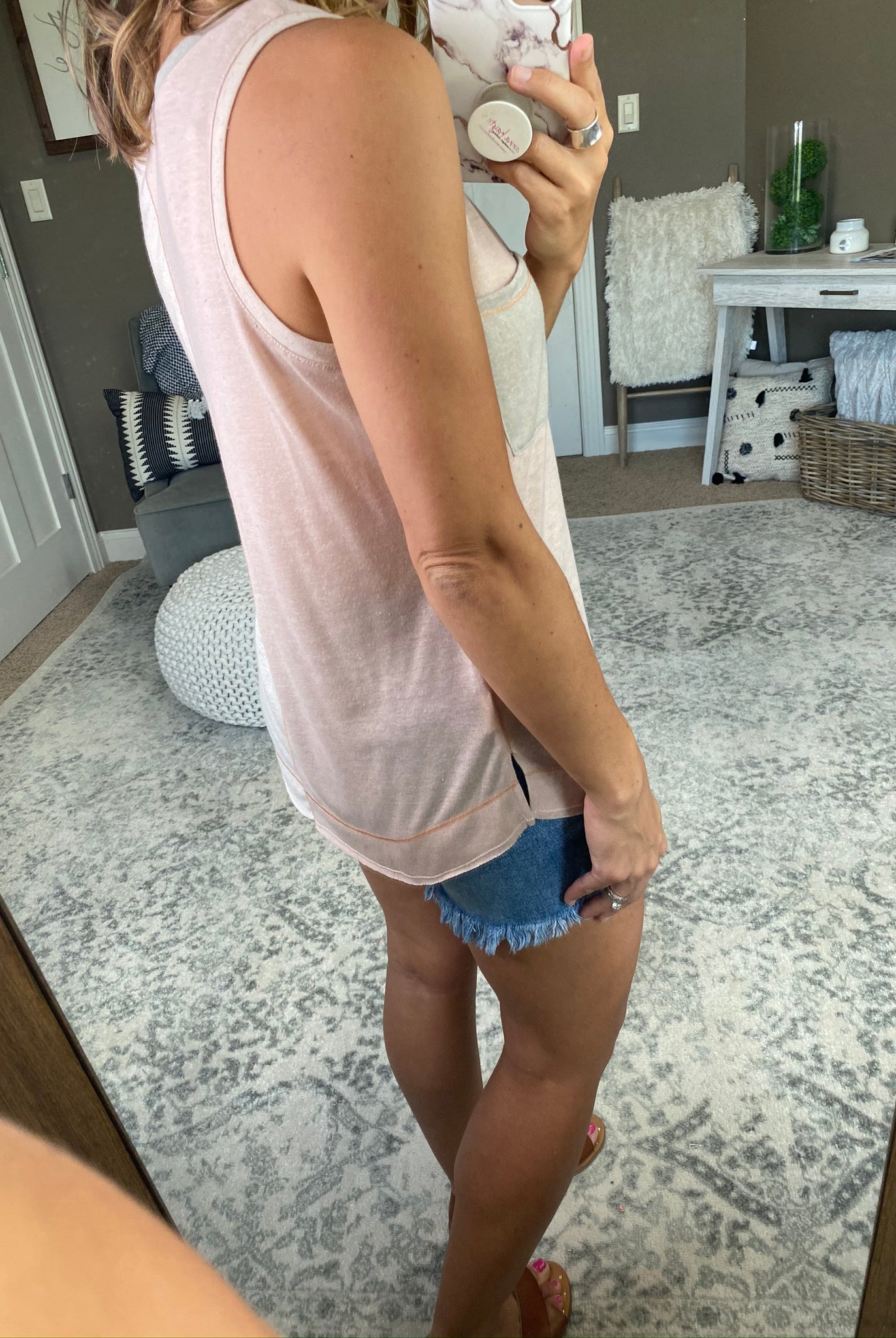 All For Love Almond and Taupe Split Tank with Front Pocket-Sleeveless-Hem & Thread 18038-Anna Kaytes Boutique, Women's Fashion Boutique in Grinnell, Iowa