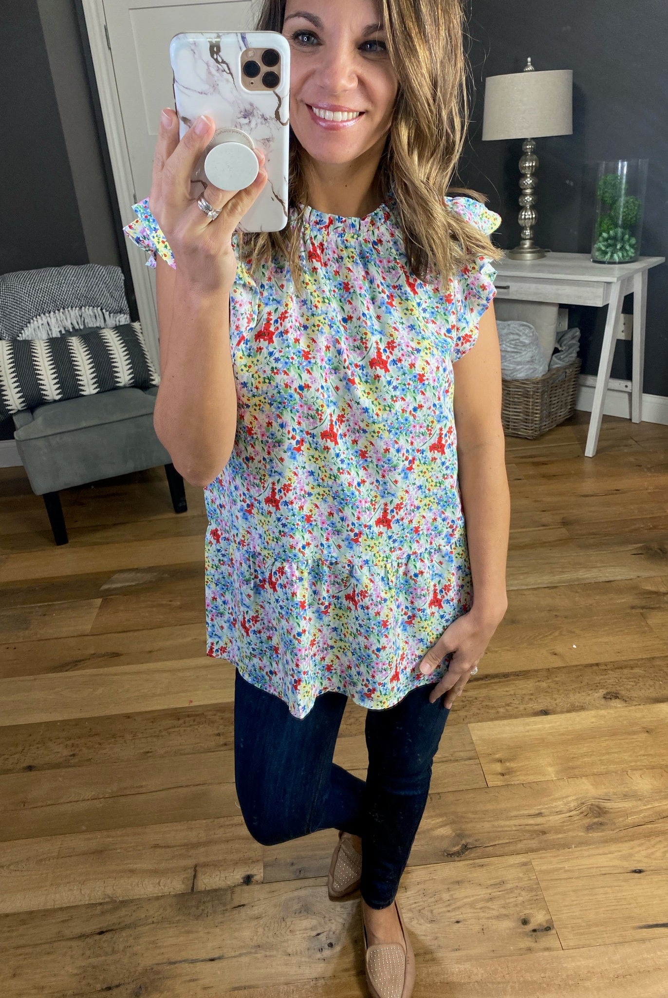 Spring Showers Floral Tank with Ruffle Sleeve- Multiple Options-Sleeveless-staccato 18247-Anna Kaytes Boutique, Women's Fashion Boutique in Grinnell, Iowa