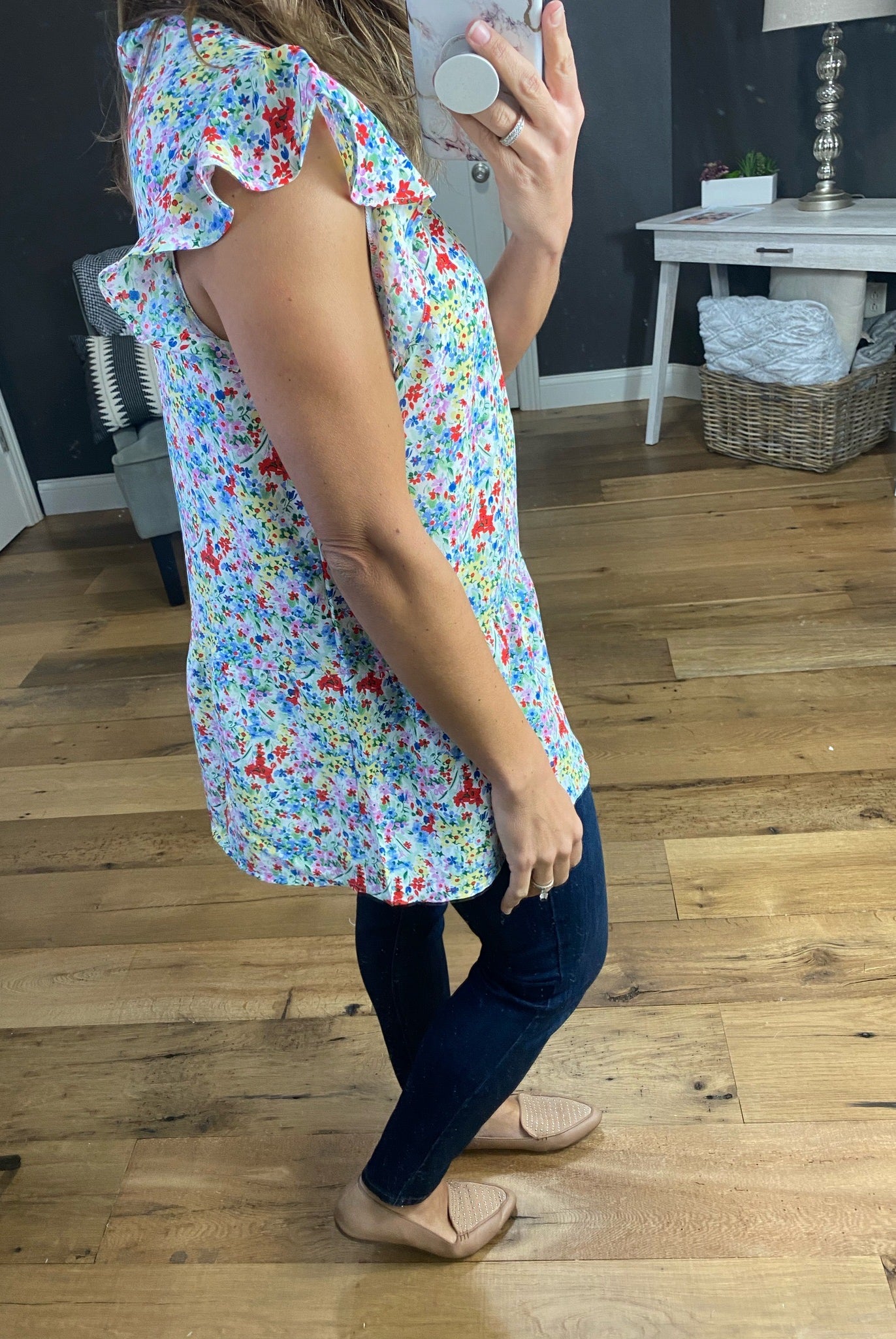 Spring Showers Floral Tank with Ruffle Sleeve- Multiple Options-Sleeveless-staccato 18247-Anna Kaytes Boutique, Women's Fashion Boutique in Grinnell, Iowa