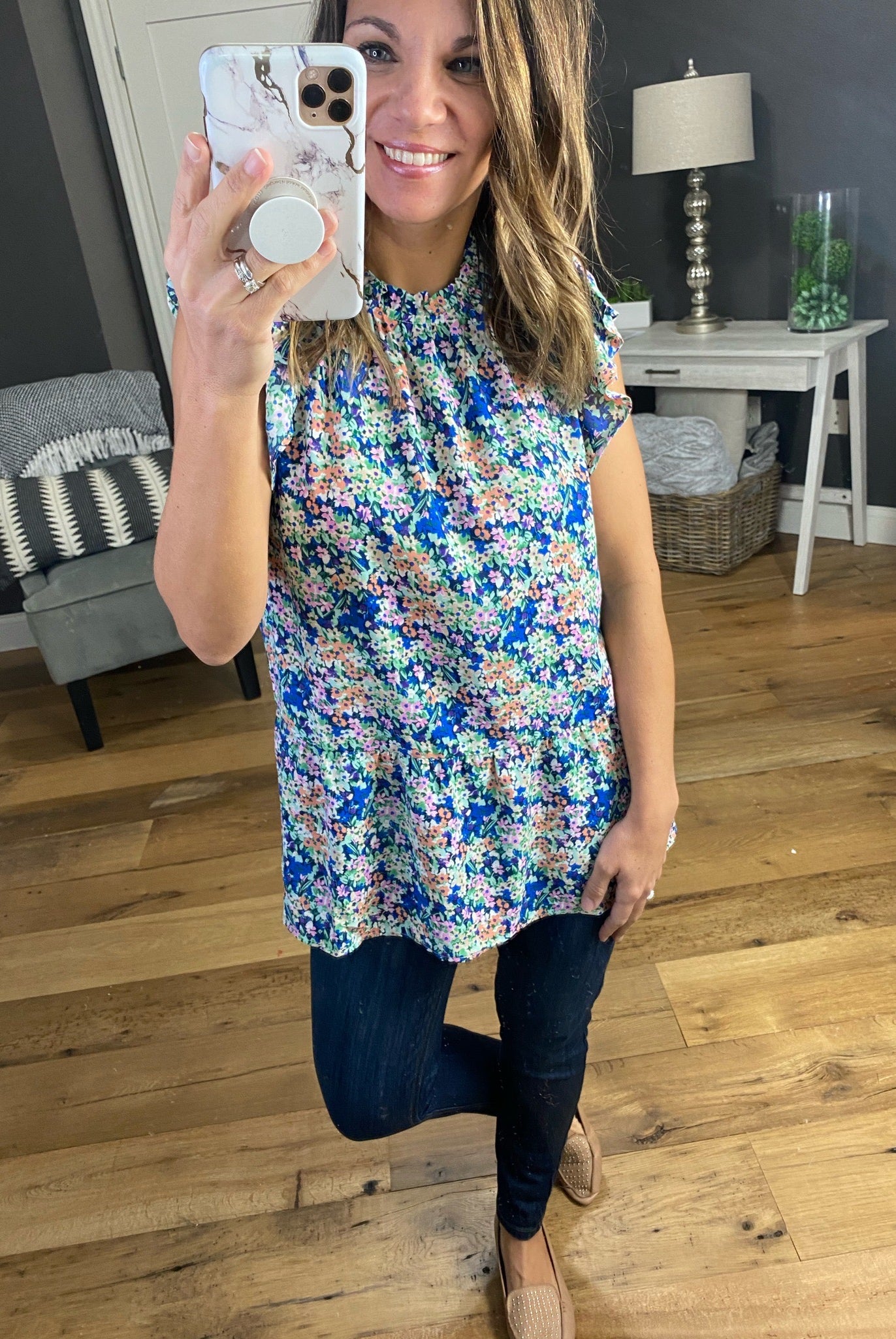 Spring Showers Floral Tank with Ruffle Sleeve- Multiple Options-Sleeveless-staccato 18247-Anna Kaytes Boutique, Women's Fashion Boutique in Grinnell, Iowa