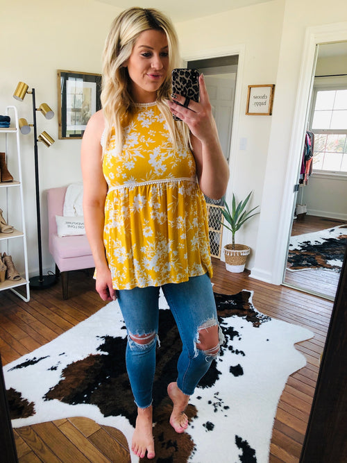 Break My Heart Yellow Floral Babydoll Tank with Lace Detailing-Tank Tops-staccato 17640-Anna Kaytes Boutique, Women's Fashion Boutique in Grinnell, Iowa