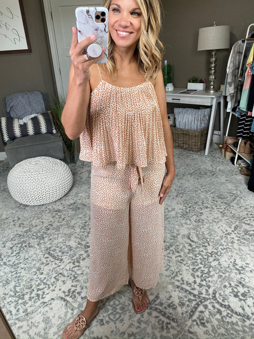 Town Ain't Big Enough Ivory & Camel Wide Leg Jumpsuit With Pleated Cami Top-Jumpsuit-She & Sky SS4335-Anna Kaytes Boutique, Women's Fashion Boutique in Grinnell, Iowa