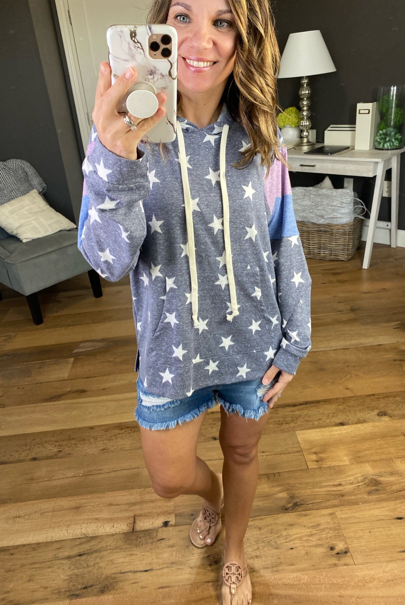 Starstruck Vintage Navy Hoodie with Stars and Lilac & Blue Sleeve Details-Hoodies-Hem & Thread 30770-Anna Kaytes Boutique, Women's Fashion Boutique in Grinnell, Iowa