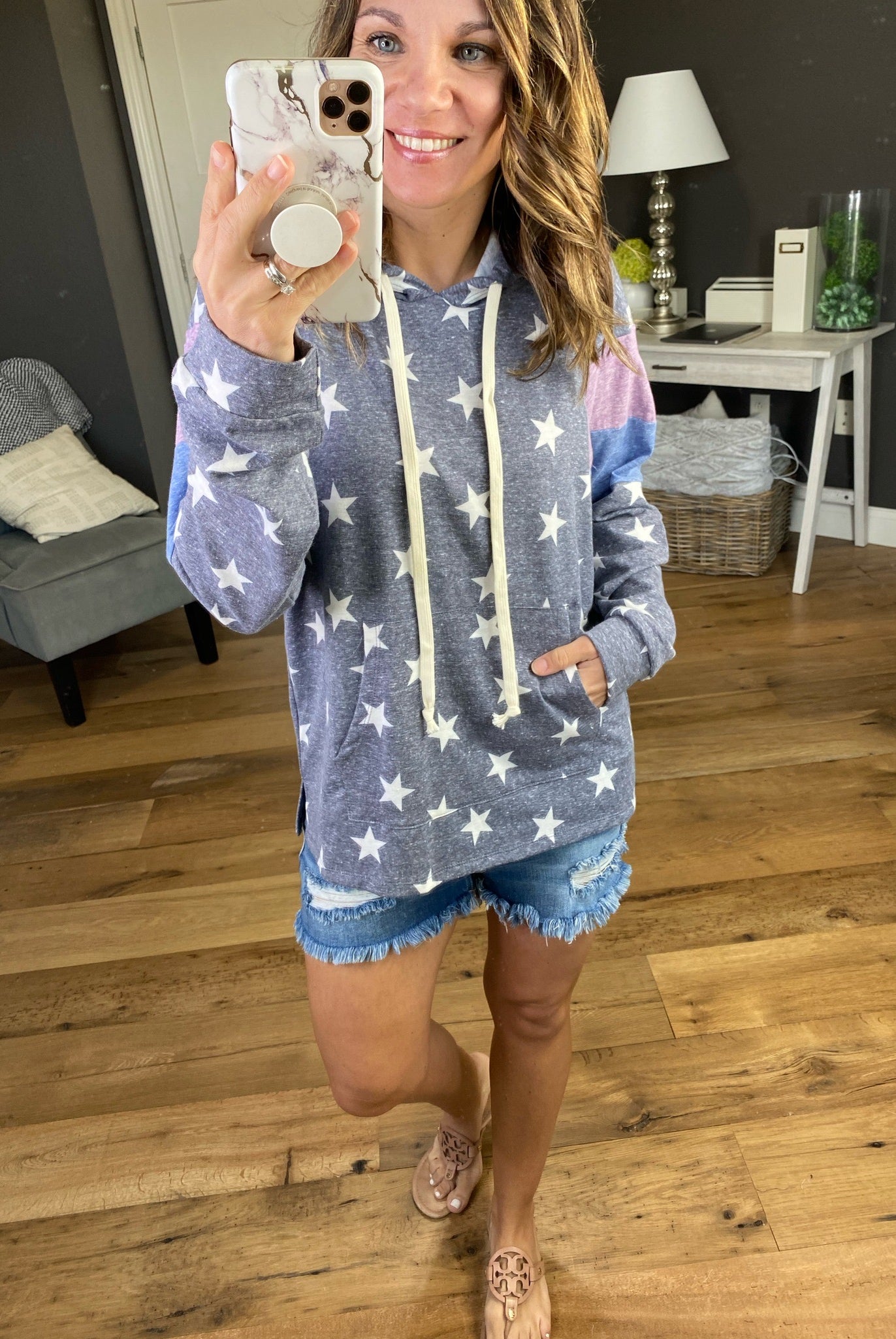 Starstruck Vintage Navy Hoodie with Stars and Lilac & Blue Sleeve Details-Hoodies-Hem & Thread 30770-Anna Kaytes Boutique, Women's Fashion Boutique in Grinnell, Iowa