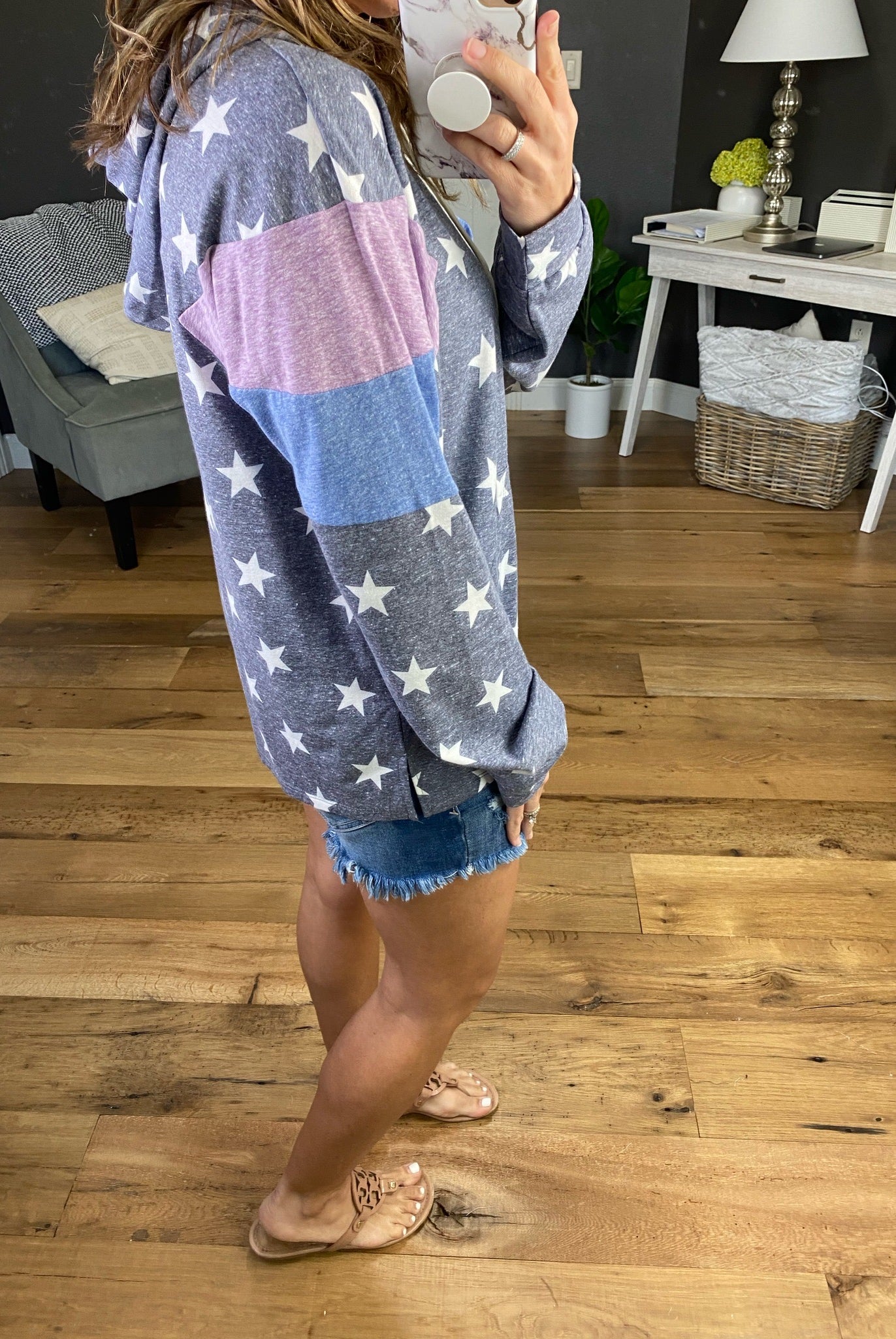 Starstruck Vintage Navy Hoodie with Stars and Lilac & Blue Sleeve Details-Hoodies-Hem & Thread 30770-Anna Kaytes Boutique, Women's Fashion Boutique in Grinnell, Iowa