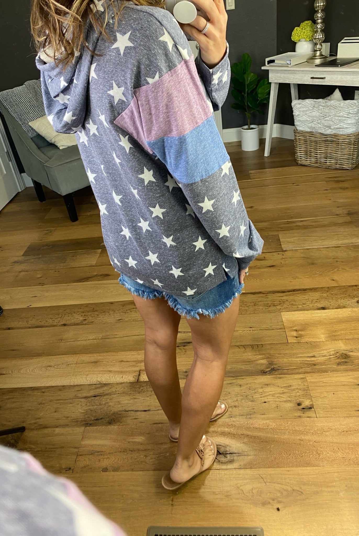 Starstruck Vintage Navy Hoodie with Stars and Lilac & Blue Sleeve Details-Hoodies-Hem & Thread 30770-Anna Kaytes Boutique, Women's Fashion Boutique in Grinnell, Iowa