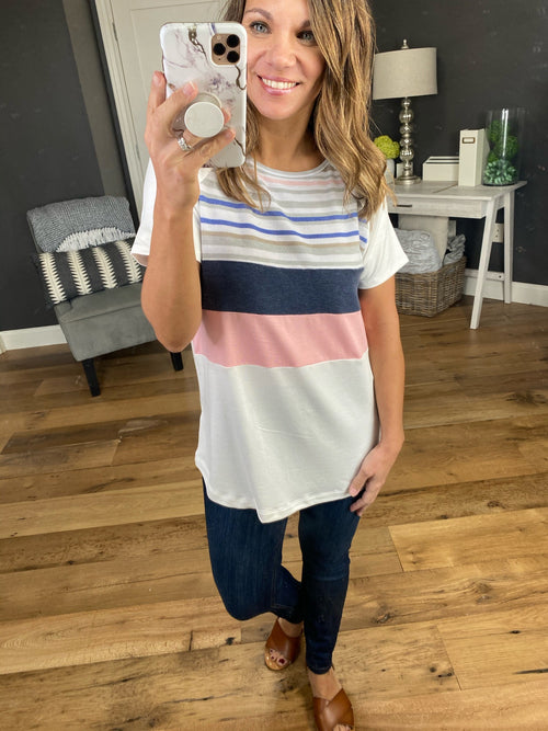 Breathe Easy Ivory Tee with Blue and Pink Stripes-Short Sleeves-staccato 17916-Anna Kaytes Boutique, Women's Fashion Boutique in Grinnell, Iowa