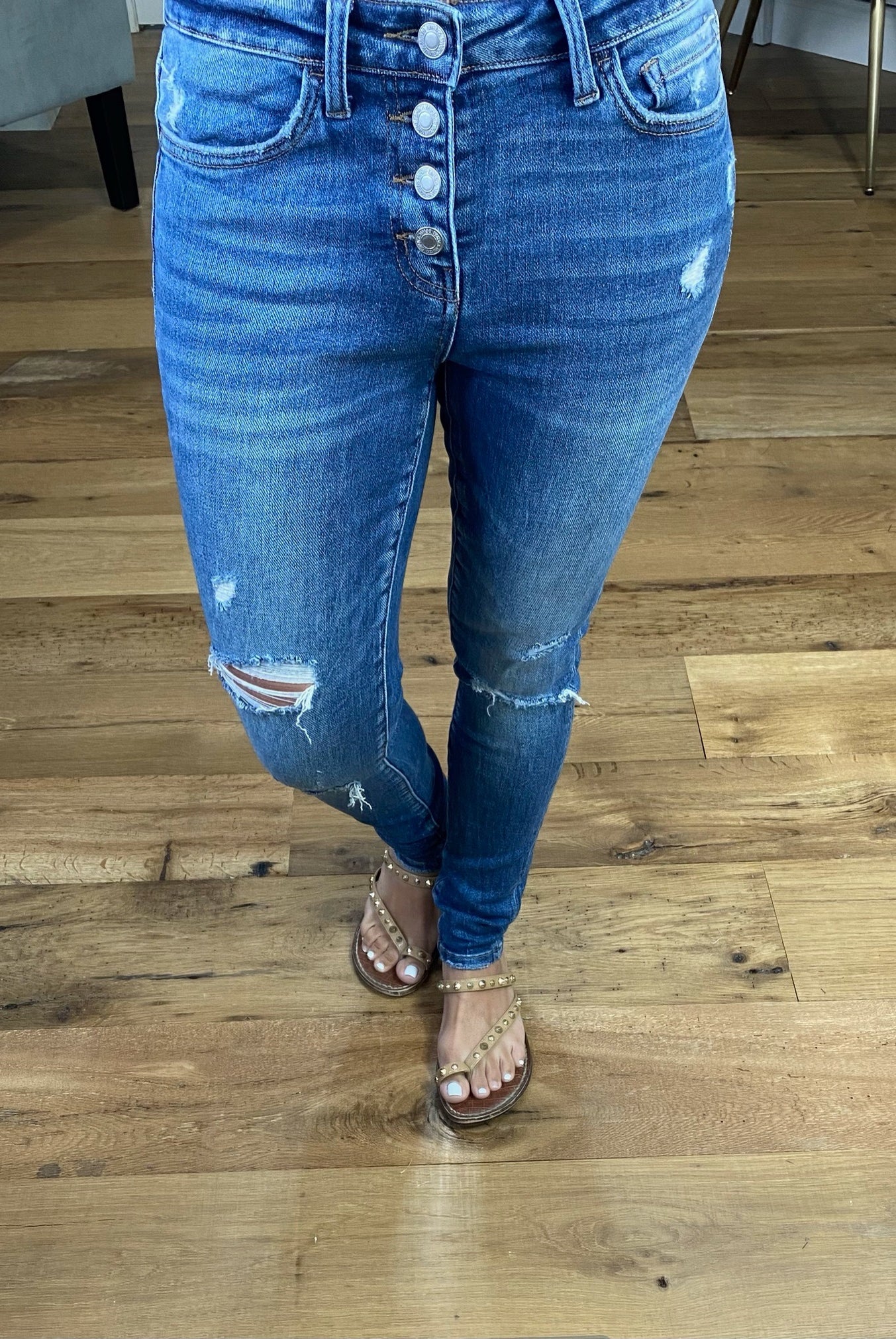 Good As It Gets Medium Wash Mid Rise Distressed Skinny Jeans with Button Fly-Jeans-Vervet VT971-Anna Kaytes Boutique, Women's Fashion Boutique in Grinnell, Iowa