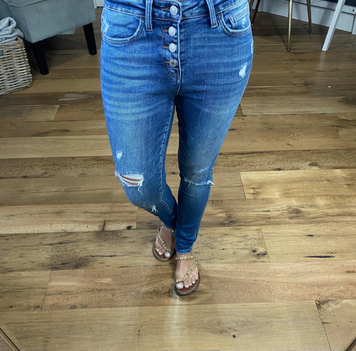 Good As It Gets Medium Wash Mid Rise Distressed Skinny Jeans with Button Fly-Clothing, Bottoms, Denim-Vervet VT971-Anna Kaytes Boutique, Women's Fashion Boutique in Grinnell, Iowa