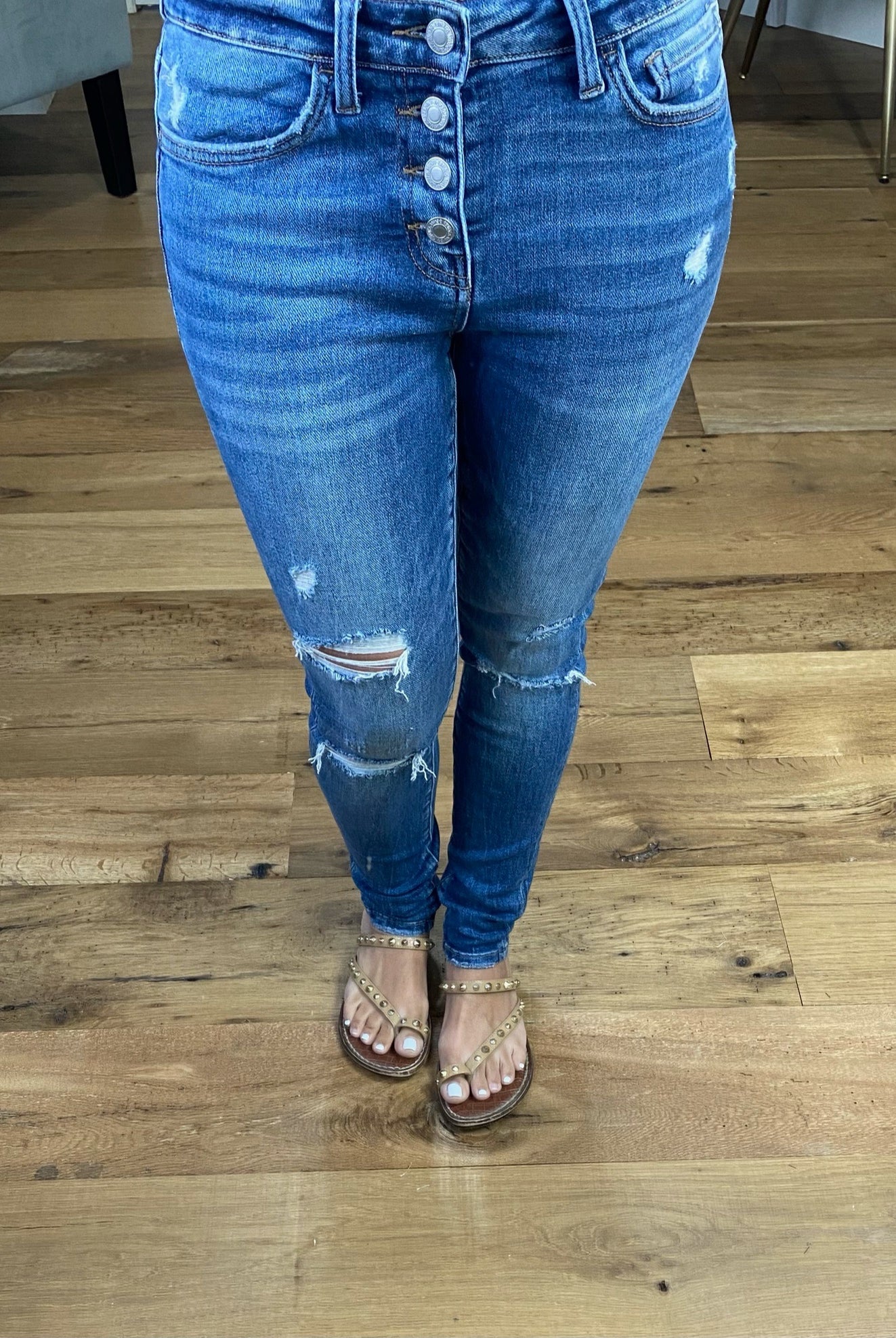 Good As It Gets Medium Wash Mid Rise Distressed Skinny Jeans with Button Fly-Jeans-Vervet VT971-Anna Kaytes Boutique, Women's Fashion Boutique in Grinnell, Iowa