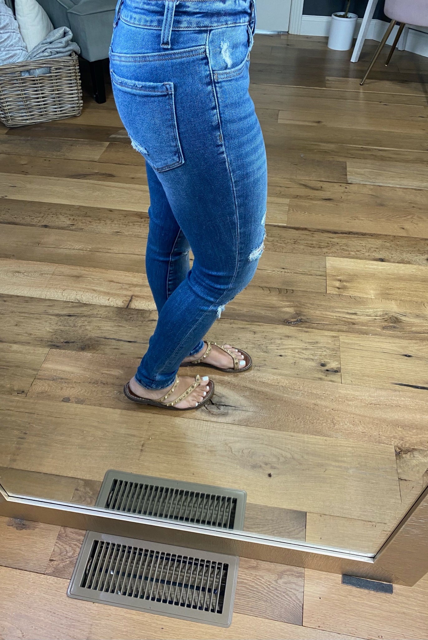 Good As It Gets Medium Wash Mid Rise Distressed Skinny Jeans with Button Fly-Jeans-Vervet VT971-Anna Kaytes Boutique, Women's Fashion Boutique in Grinnell, Iowa
