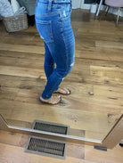 Good As It Gets Medium Wash Mid Rise Distressed Skinny Jeans with Button Fly-Jeans-Vervet VT971-Anna Kaytes Boutique, Women's Fashion Boutique in Grinnell, Iowa