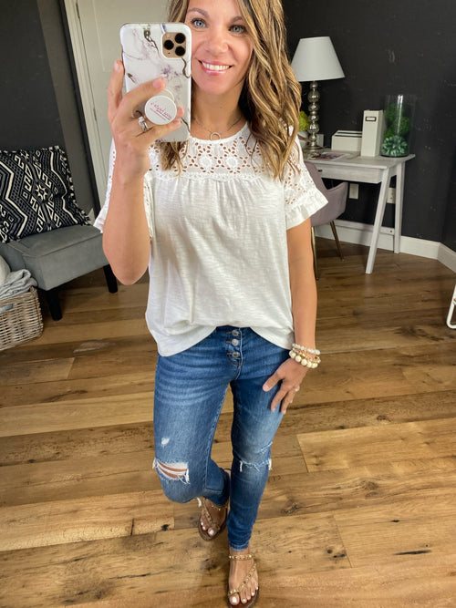 Go Easy On Me White Short Sleeve Blouse with Eyelet & Ruffle Details-Short Sleeves-Hem & Thread 31051-Anna Kaytes Boutique, Women's Fashion Boutique in Grinnell, Iowa