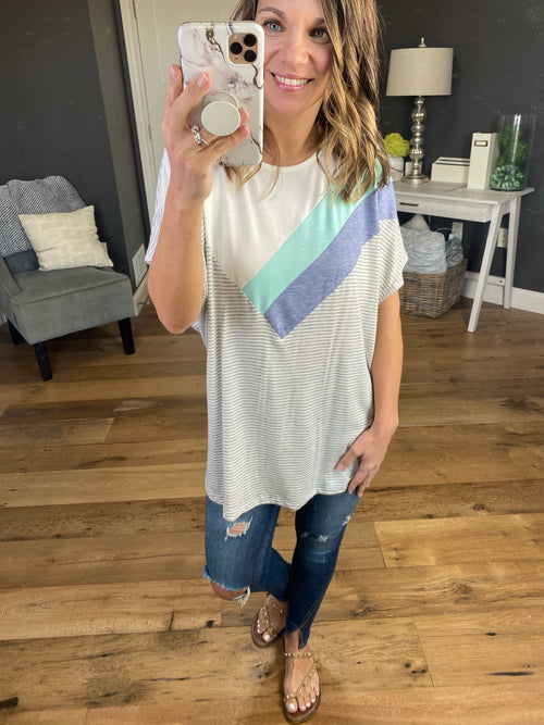 How We've Been Blue Colorblock Tee with Heather Grey Stripes-tee-Staccato 17691F-Anna Kaytes Boutique, Women's Fashion Boutique in Grinnell, Iowa